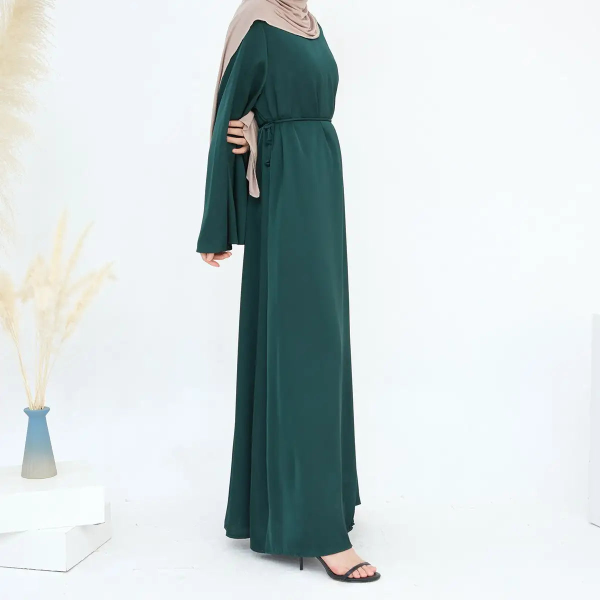 Elegant Adjustable Belt Satin Abaya Dress for Women - Modest Islamic Prayer Dress for Eid, Wedding & Special Occasions