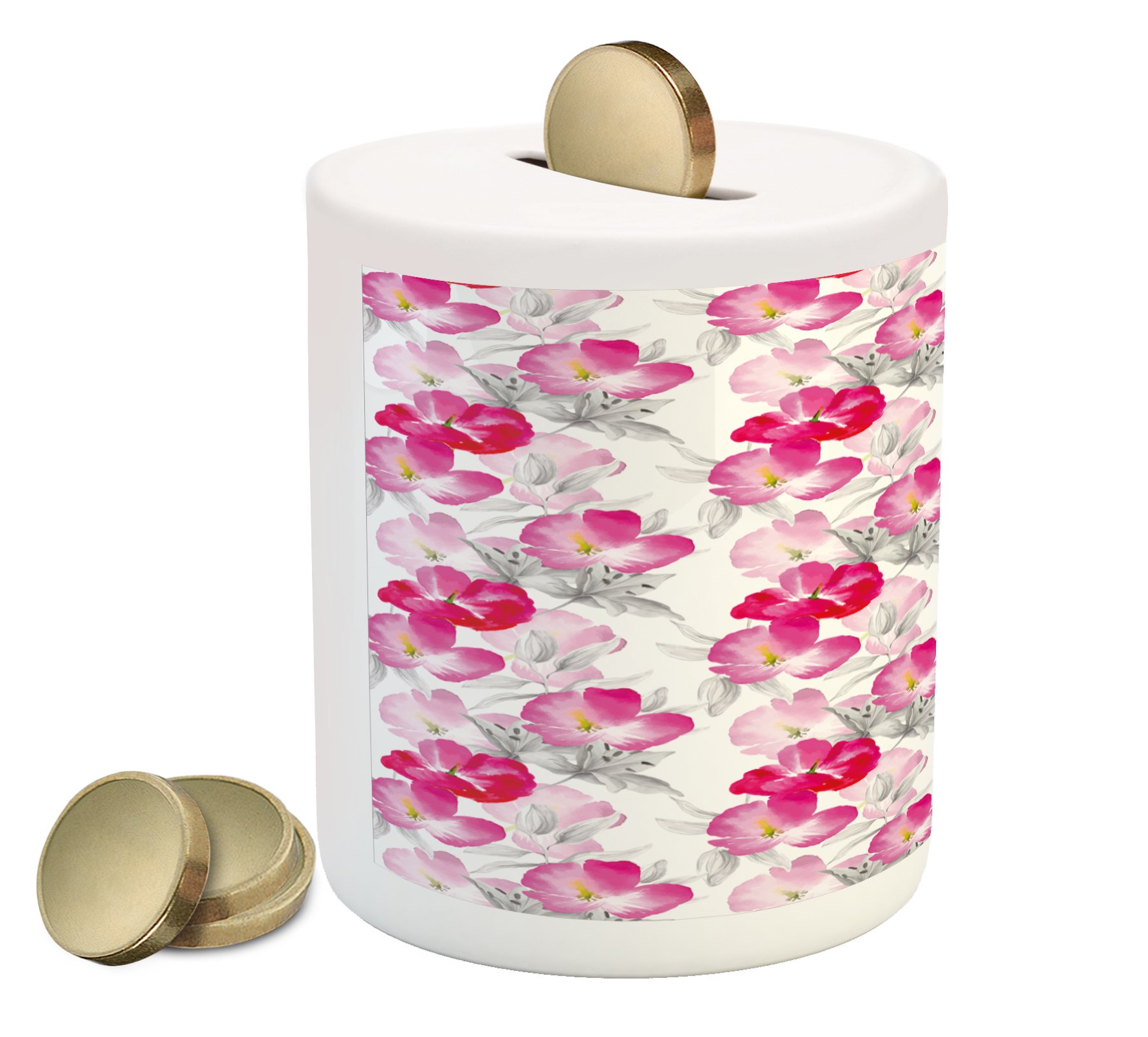 Ambesonne Floral Piggy Bank - Watercolor Poppy Flowers Ceramic Coin Bank for Cash Saving | Money Box with Vivid Color Romantic Plant Design in Magenta Pink & Grey | Perfect for Home Decor, Gift Giving & Teaching Kids Financial Responsibility