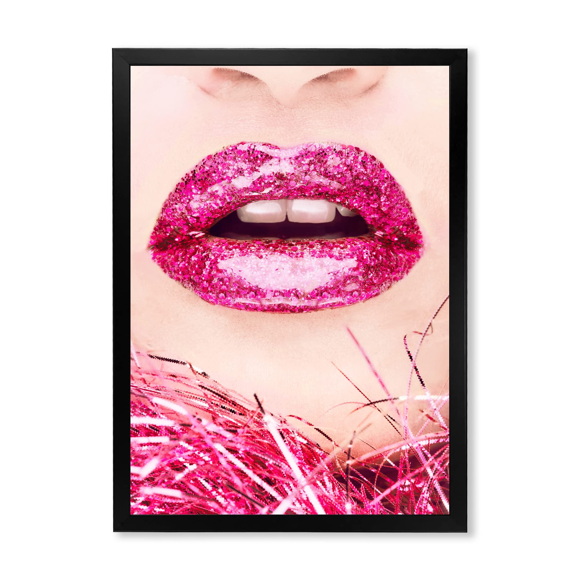 DesignQ Golden Woman Lips II Modern Framed Wall Art - Elegant Home Decor for Living Room, Bedroom & Office