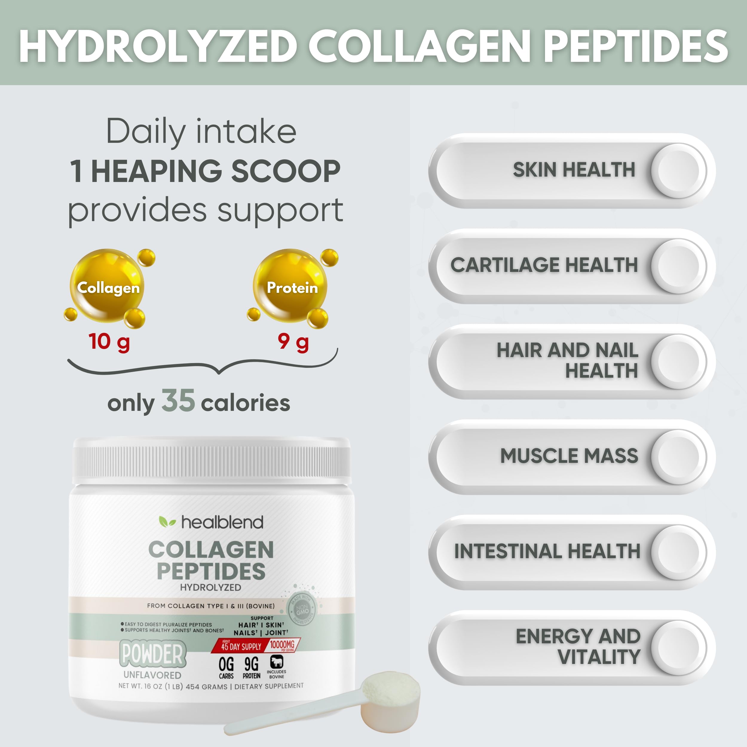 Healblend Hydrolyzed Bovine Collagen Powder - Multi Collagen Peptides Protein Supplement for Hair, Skin & Nail Health - 45 Servings (Perfect for Coffee, Smoothies & Daily Wellness Routine)