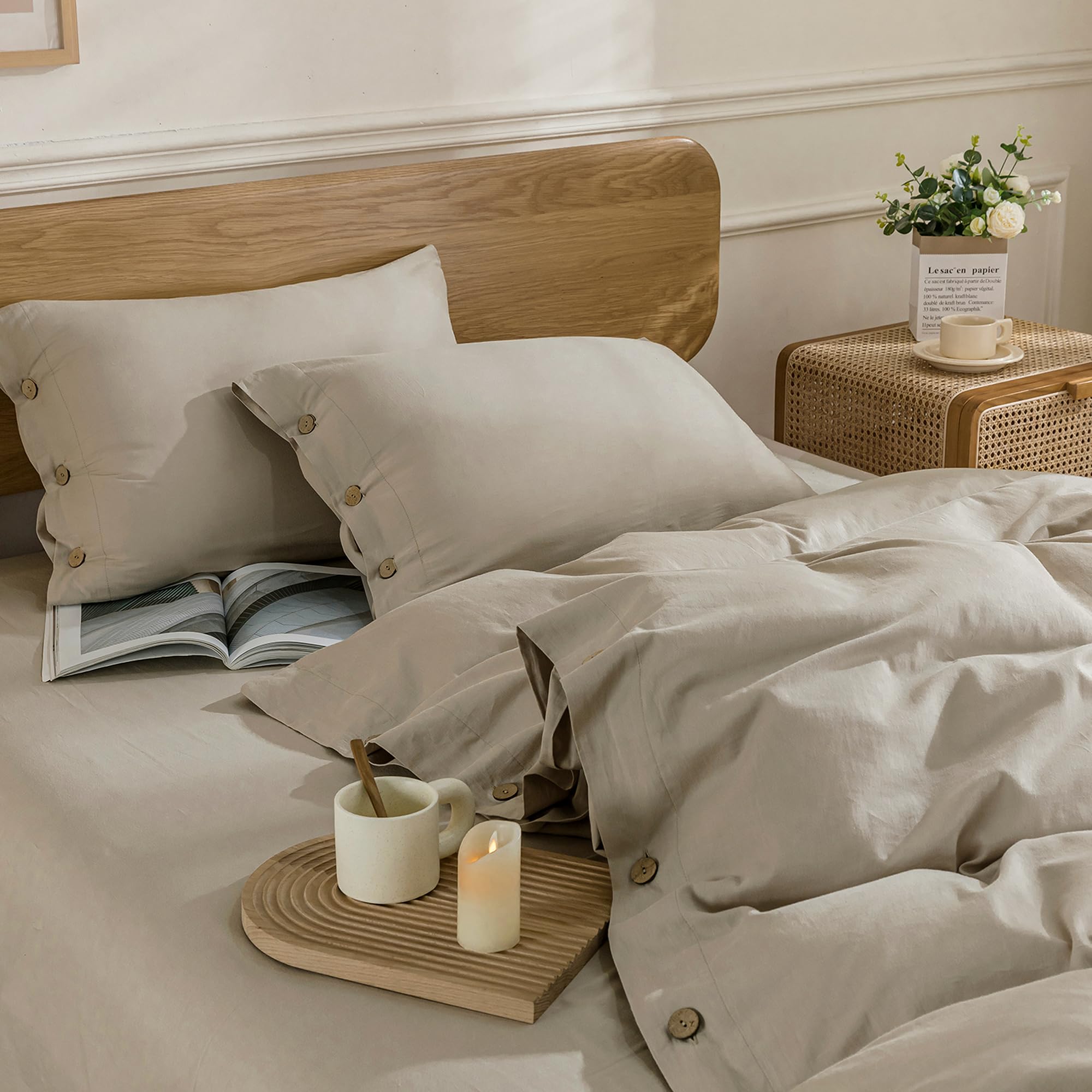 JELLYMONI 100% Washed Cotton Linen-Like Comforter Cover Set - Breathable Soft Bedding with Button Closure (Twin 68x90, Linen Gray) - Perfect for Cozy Bedrooms, Guest Rooms & Dorm Decor