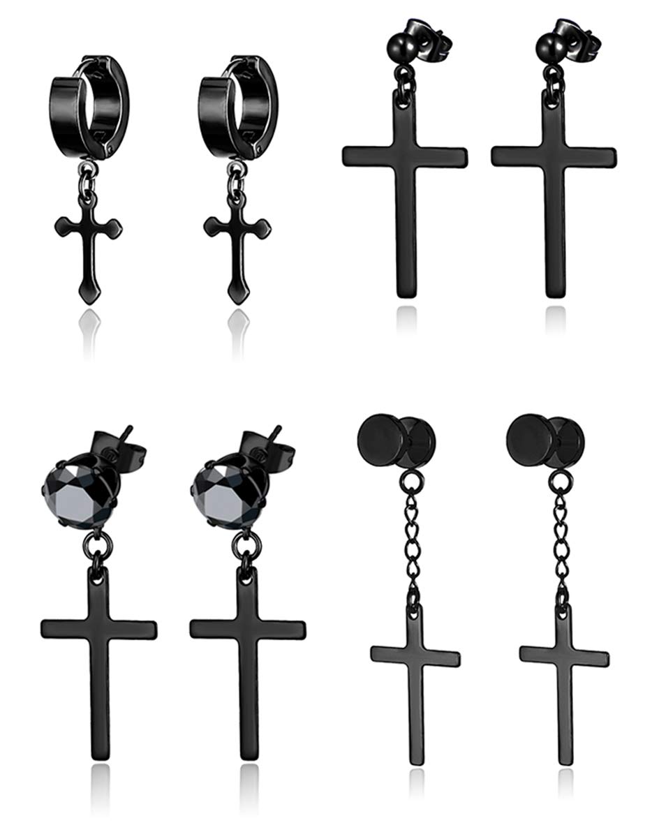 4 Pairs Stainless Steel Dangle Hoop Earrings - Hinged Huggie Earrings with CZ Studs for Men & Women (Silver, Gold, Black) - Perfect for Parties, Weddings & Everyday Wear