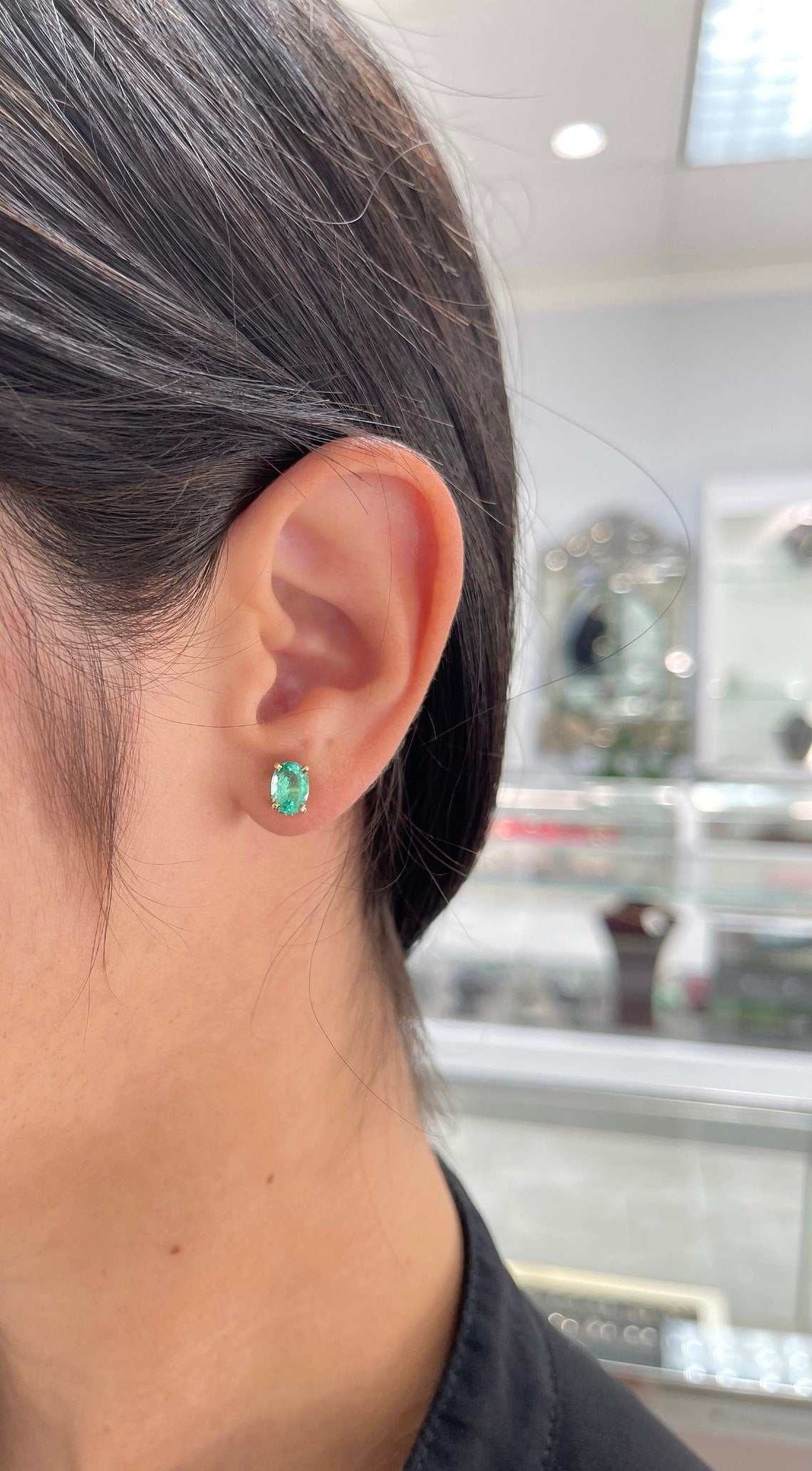 1.95tcw Natural Oval Emerald & Diamond Hidden Halo Stud Earrings in 14K Gold - Elegant Jewelry for Women, Perfect for Weddings, Parties & Special Occasions