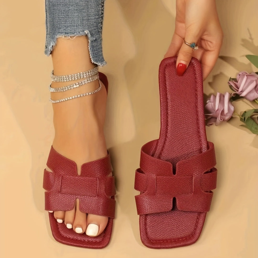 Square Toe Flat Sandals for Women - Breathable Hollow Out Summer Slides & Comfortable Slippers - Perfect for Beach, Poolside, and Casual Outings
