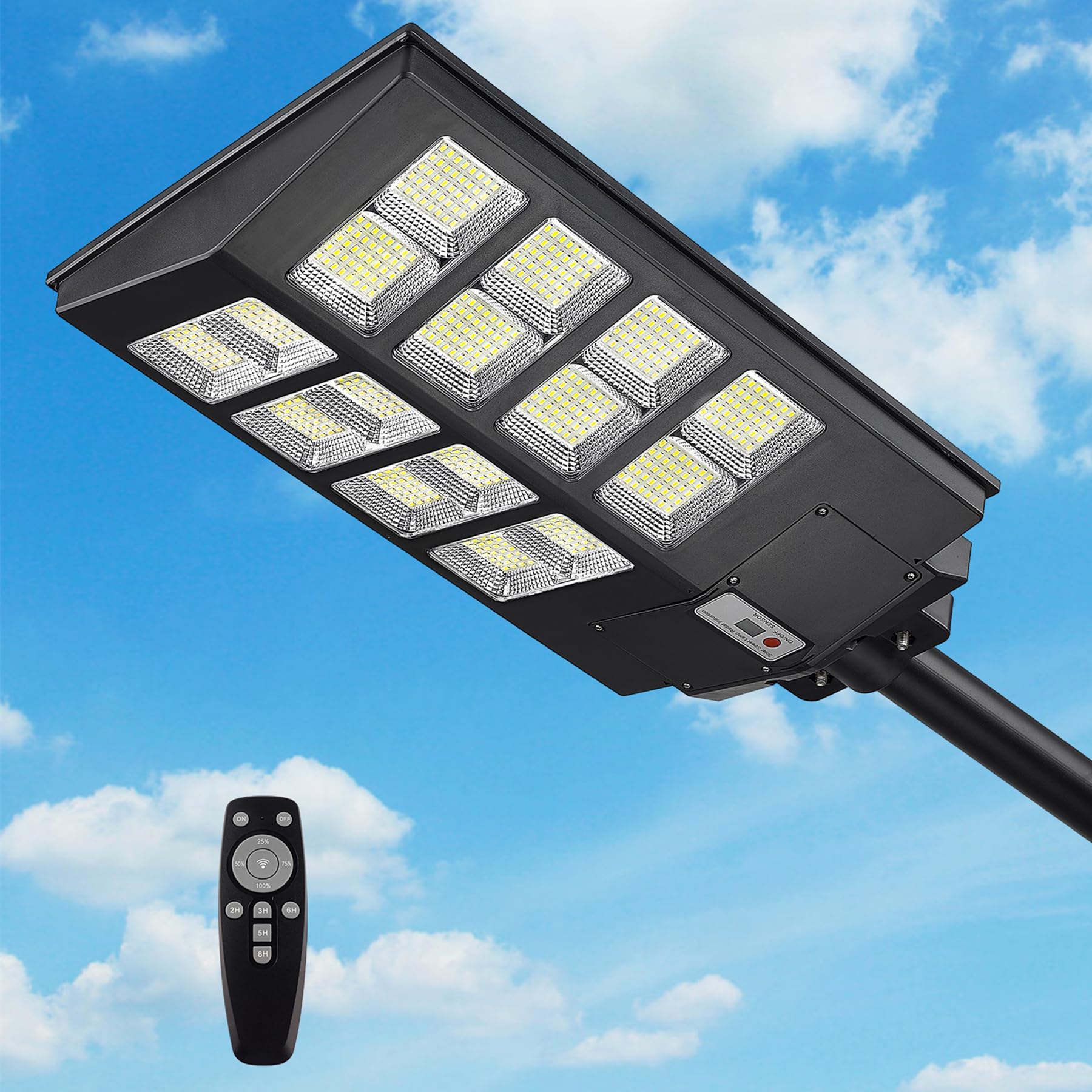 Lovus 2-Pack LED Solar Street Lights Outdoor - 4000W 400000LM Commercial Flood Security Lights with Motion Sensor & Dusk-to-Dawn, Solar Powered for Parking Lots, Garages, Driveways, and Backyards