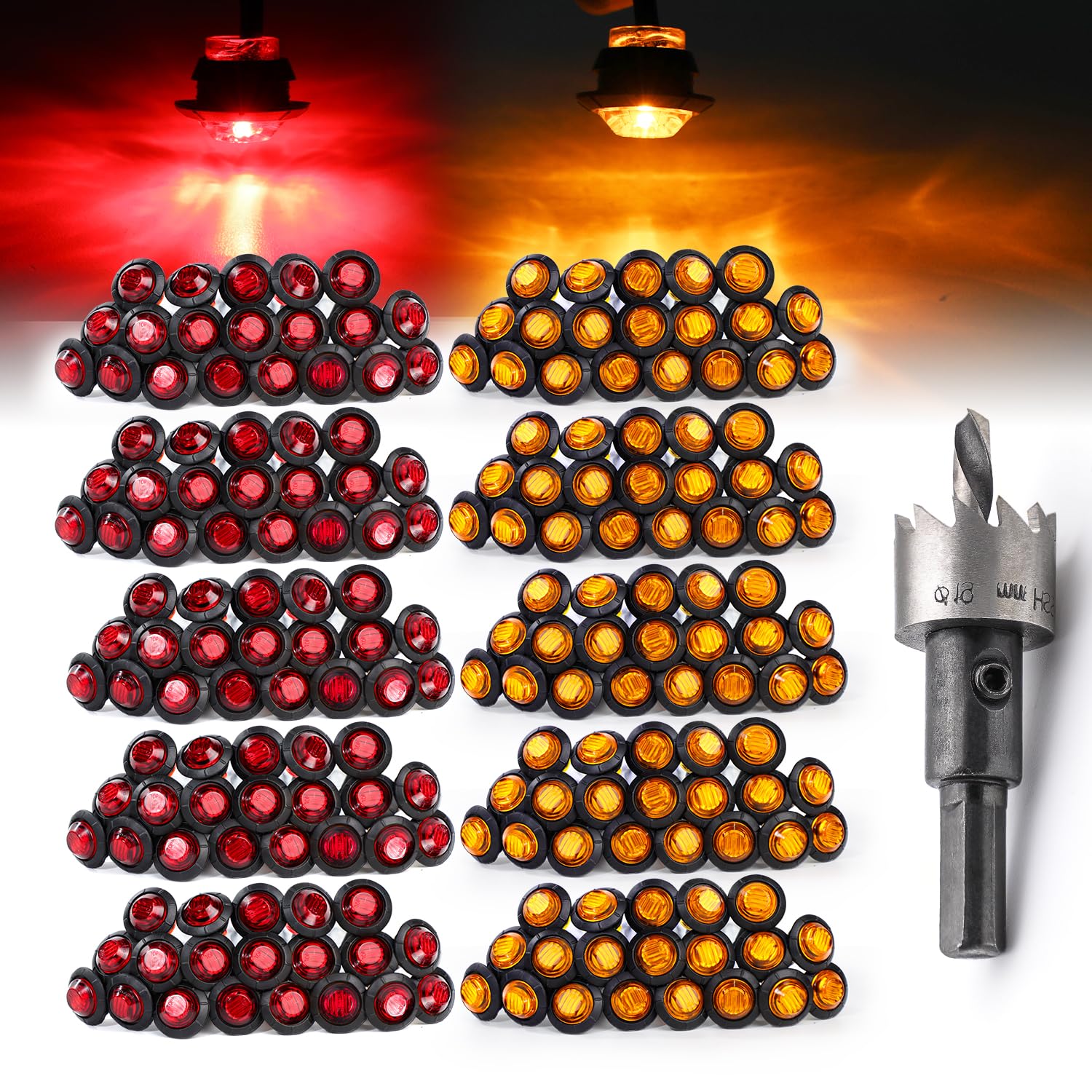 MADCATZ 3/4 Inch Mini Round LED Side Marker Lights - Amber & Red 3-LED Indicator Lights with 19mm Hole Saw Steel - 12V DC for Trailer Truck, RV, Boat & Off-Road Vehicles - Waterproof & Durable for All Weather Conditions