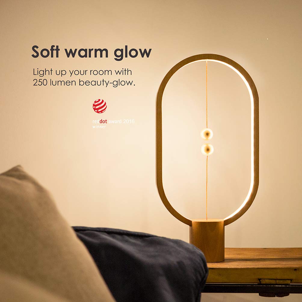 Allocacoc Heng Balance LED Table Lamp - USB Powered, Mid-Air Switch, Warm Eye-Care Light, Contemporary Design with Real Wood Base (Oval) - Perfect for Home Office & Bedroom Nightstand