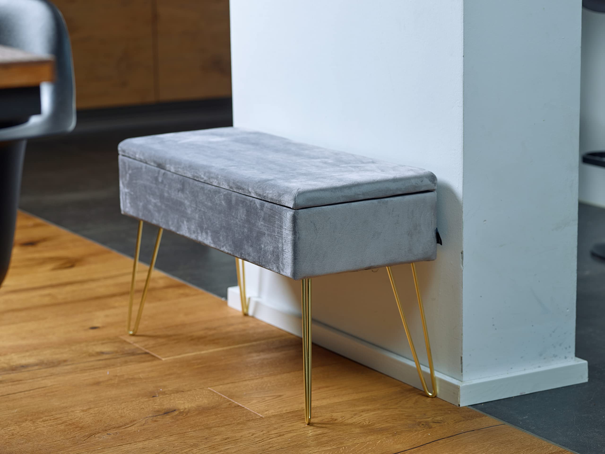 ECHTWERK Scarlett Velvet Upholstered Storage Bench with Makeup Vanity, Rectangular Ottoman with Metal Legs, Polyester Blend, Gray, 77 x 33 x 18 cm - Perfect for Bedroom Seating, Makeup Organization & Living Room Decor