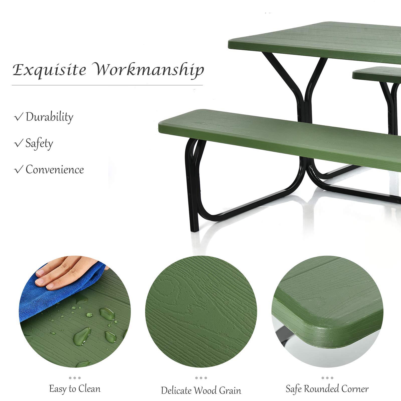 Giantex 7-Piece Outdoor Picnic Table Bench Set - All-Weather Metal Base for Camping, Backyard, Poolside, Garden, Patio, Deck - Durable & Spacious Green Dining Table for Parties, BBQs & Family Gatherings