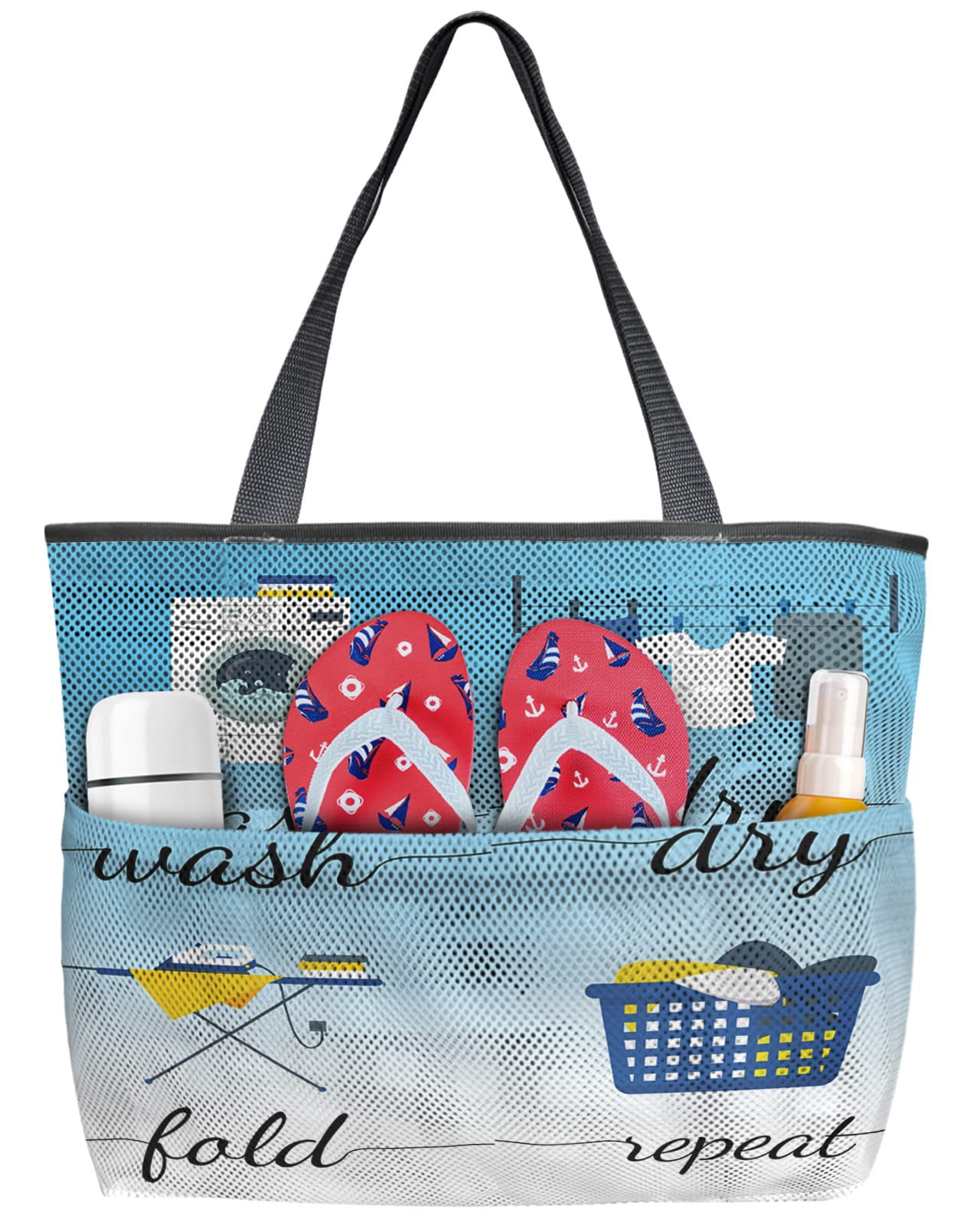 Waterproof Sandproof Mesh Beach Tote Bag with Zipper & Pockets - Large Blue Ombre Beach Handbag for Laundry, Swimming Pool, Picnic & Outdoor Activities | Wash Dry Fold Repeat Design