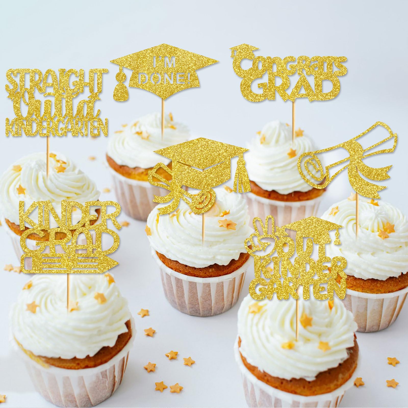 24Pcs Gold Kindergarten Graduation Cupcake Toppers - Graduation Party Decorations, Cake Picks for Kids, Preschool Celebration Supplies - Perfect for School Parties, Classroom Events & End of Year Celebrations