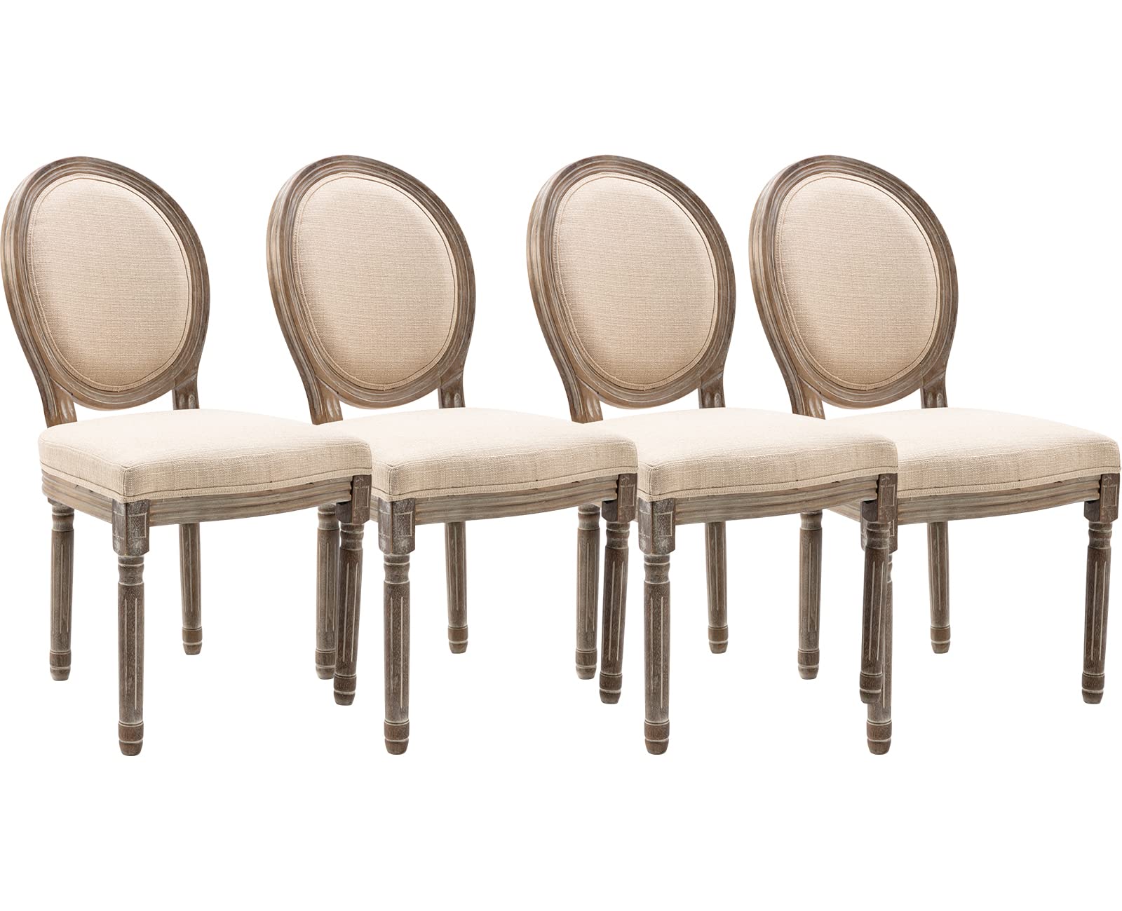 Kmax Farmhouse Dining Chairs Set of 4 - Brown Wooden Legs with Elegant Tufted Upholstery & Distressed Round Back - Beige French Country Kitchen & Dining Room Chairs for Farmhouse, Cottage & Vintage Home Decor
