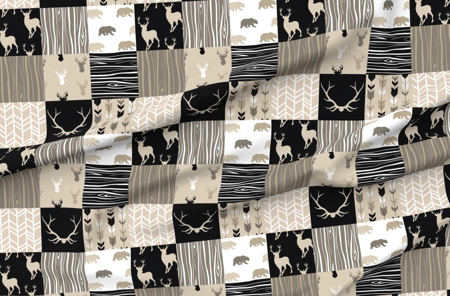 Premium Spoonflower Fabric - Midnight Woodland Neutrals Black Tan Brown Elk Arrows Printed Soft Minky Fabric by The Yard for Sewing Baby Blankets, Quilt Backing, Plush Toys & Home Decor - Cozy Nursery & Bedroom Essentials