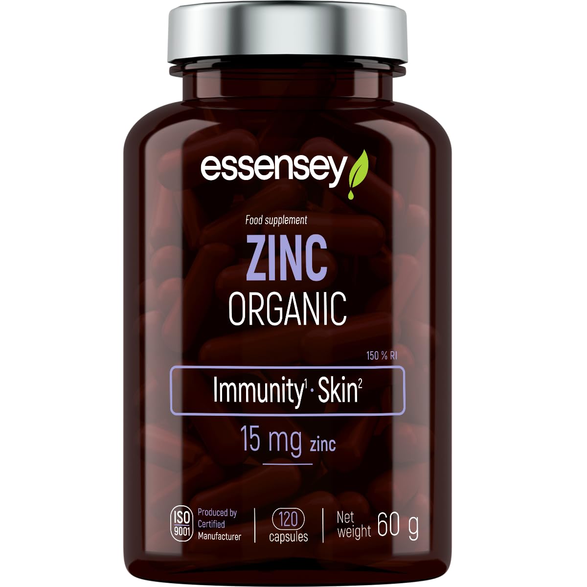 Essensey Organic Zinc Supplement 15mg - 120 Capsules for Immune Support, Skin Health & Energy Boost | Vegan, Non-GMO | Daily Wellness & Recovery