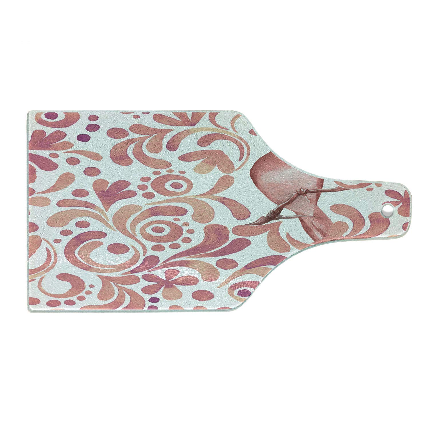 Ambesonne Watercolor Cutting Board - Cute Bird on Tree Branch Floral Design, Tempered Glass Serving Board for Kitchen & Dining, Wine Bottle Shape in Coral Dried Rose White - Perfect for Charcuterie, Cheese Display & Home Decor