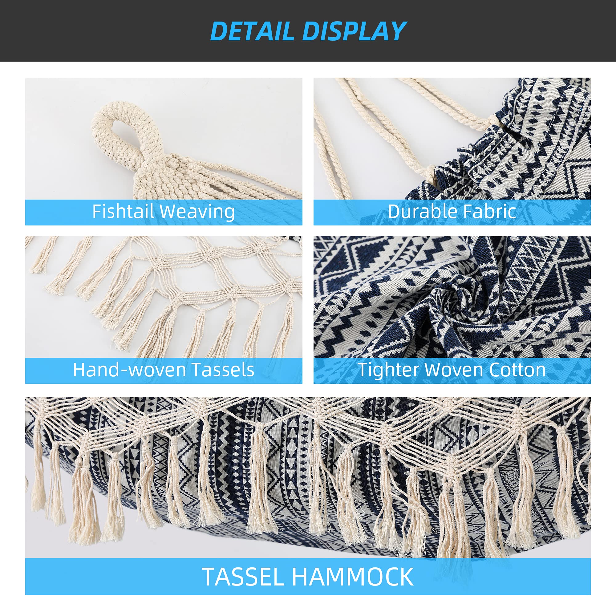 Premium Cotton Garden Hammock with Tassels - 2 Person Indoor/Outdoor Hammock with Carry Bag - Macrame Fringe Design for Patio, Porch, Backyard & Beach - Supports Up to 450Lbs (Blue-White) - Perfect for Relaxing, Lounging & Outdoor Adventures