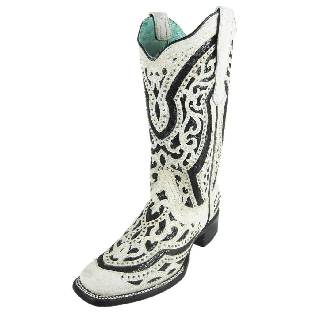 Corral Women's White Embroidered Western Leather Boots with Inlay Design - Square Toe Cowgirl Boots E1511 | Perfect for Country Dancing, Rodeo Events & Western Fashion Outfits