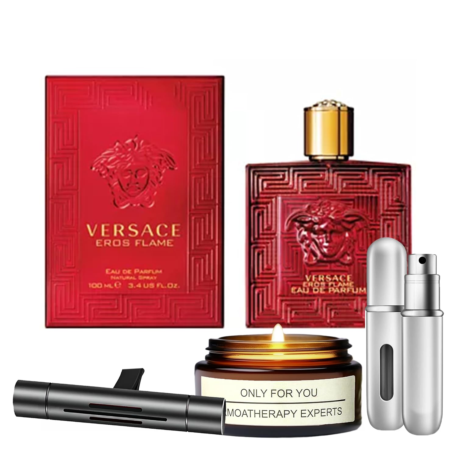 Eros Flame for Men | 3.4 Oz Eau de Parfum Spray Gift Set with Lavender Soy Candle (5 ml), Car Air Fresheners & Travel Perfume Atomizer - Perfect Cologne Kit for Him, Ideal for Gifts, Date Nights & Everyday Wear