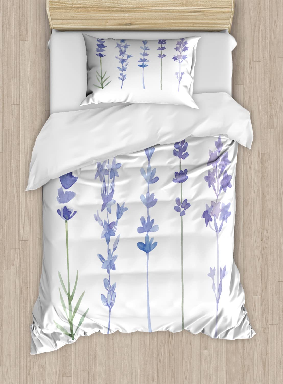 Ambesonne Lavender Duvet Cover Set - Watercolor Floral Botanical Art, Fresh Herbs & Country Garden Theme - 2-Piece Twin Size Bedding with 2 Duvet Covers & 2 Pillowcases in Lilac & Green - Perfect for Farmhouse, Cottage, or Boho Chic Bedroom Decor