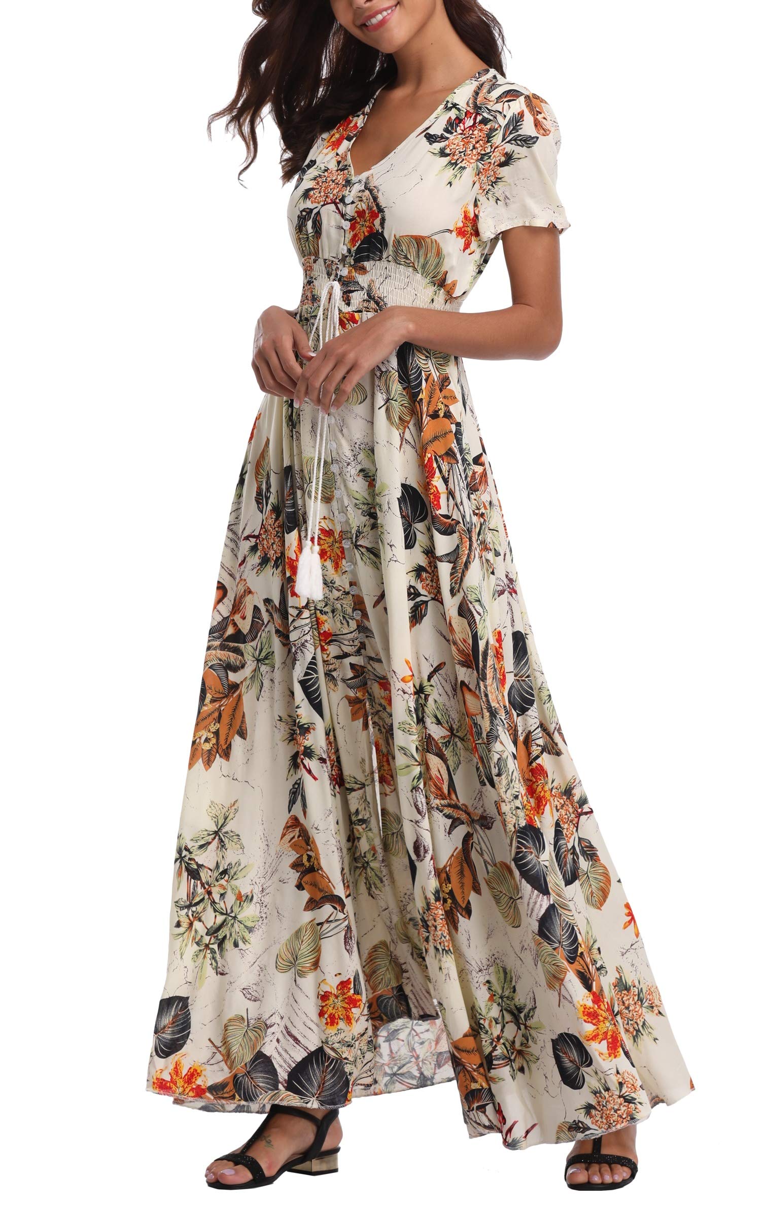 Women's Floral Maxi Dresses - Casual Long Summer Boho Beach Dress with Short Sleeve & Button Up Split | Perfect for Beach Vacations, Garden Parties & Summer Outings