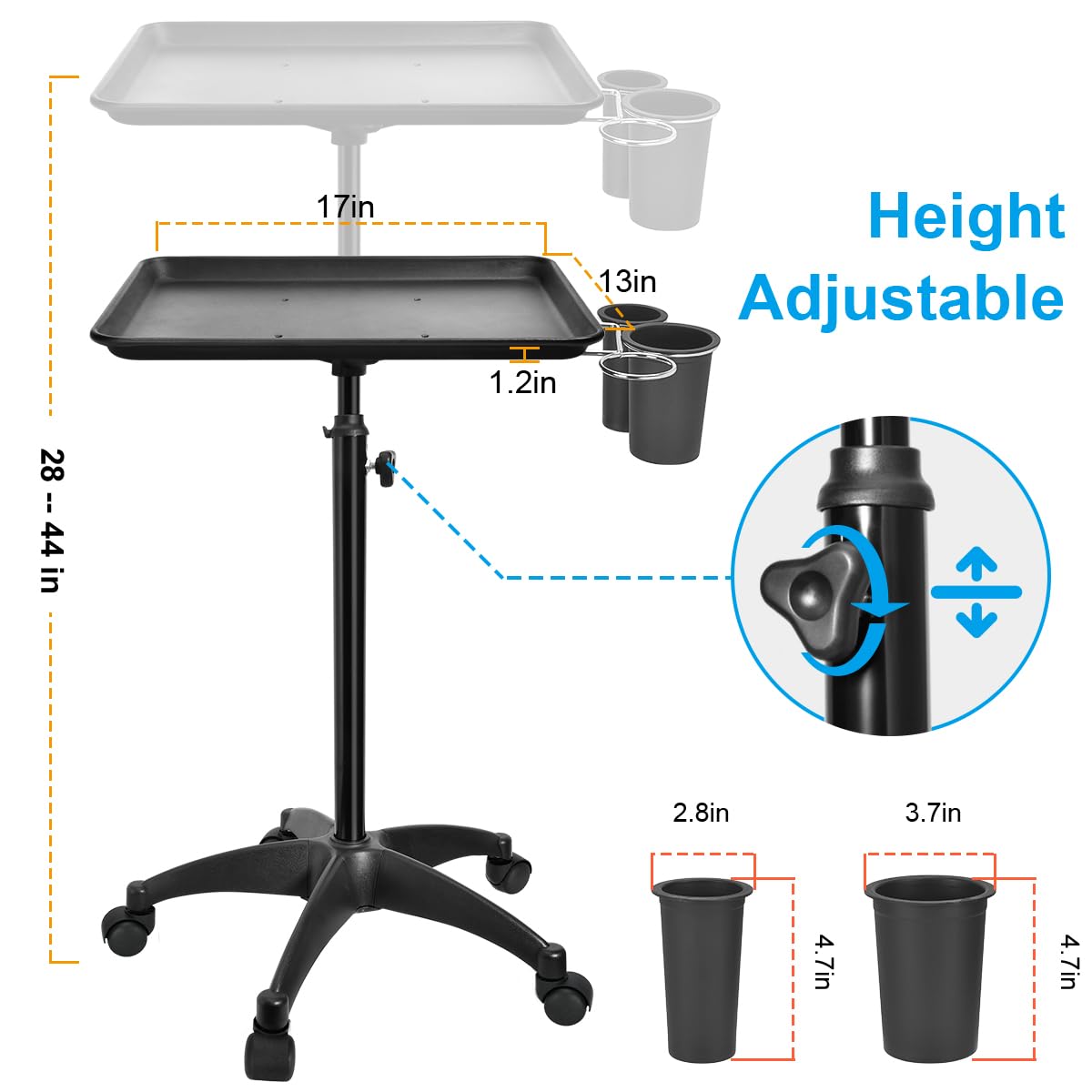 JOSTZHXIN Adjustable Salon Rolling Tray with Cup Holder - Professional Styling & Tattoo Service Cart for Beauty Salon, Spa & Clinic - Mobile Storage Trolley for Hair Tools, Tattoo Supplies & Beauty Products (Black) - Perfect for Salon Styling, Tattoo Procedures & Spa Treatments