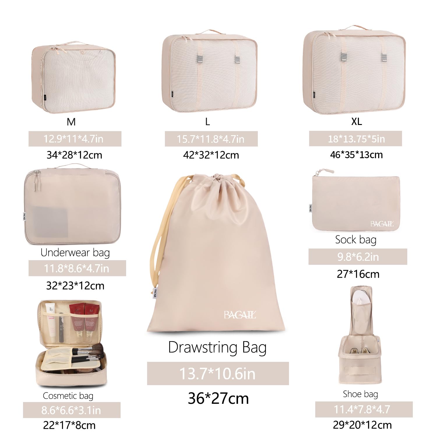 BAGAIL 8-Piece Packing Cubes Set - Travel Luggage Organizer Bags with Compression Zippers (Cream) - Perfect for Suitcase Organization, Business Trips & Vacation Packing
