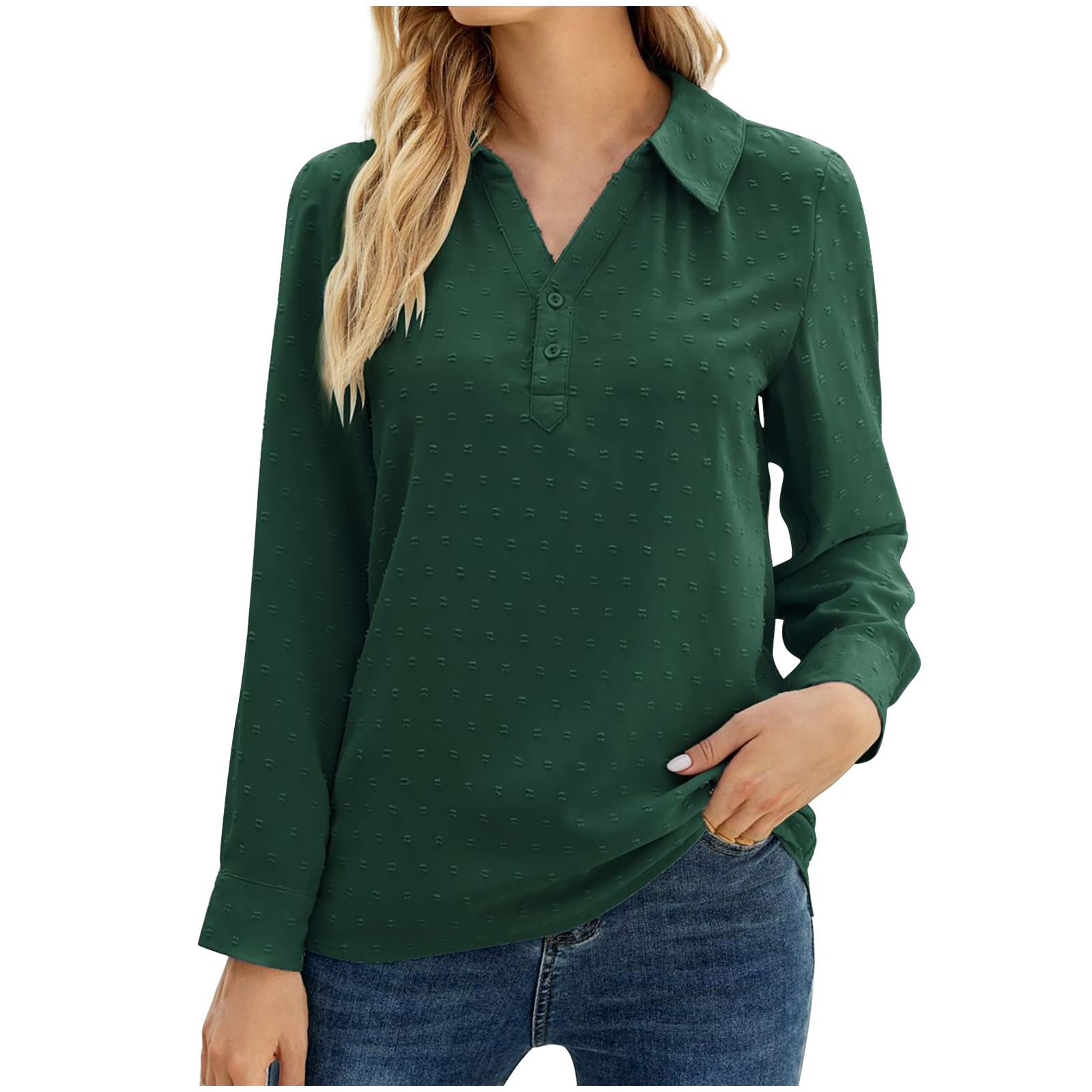 Women's Casual Chiffon Blouse with Pompom Detail - Button V-Neck Long Sleeve Polo Shirt for Autumn Workwear - Loose Comfortable Solid Color Tunic Top for Office, Dating & Weekend Outings