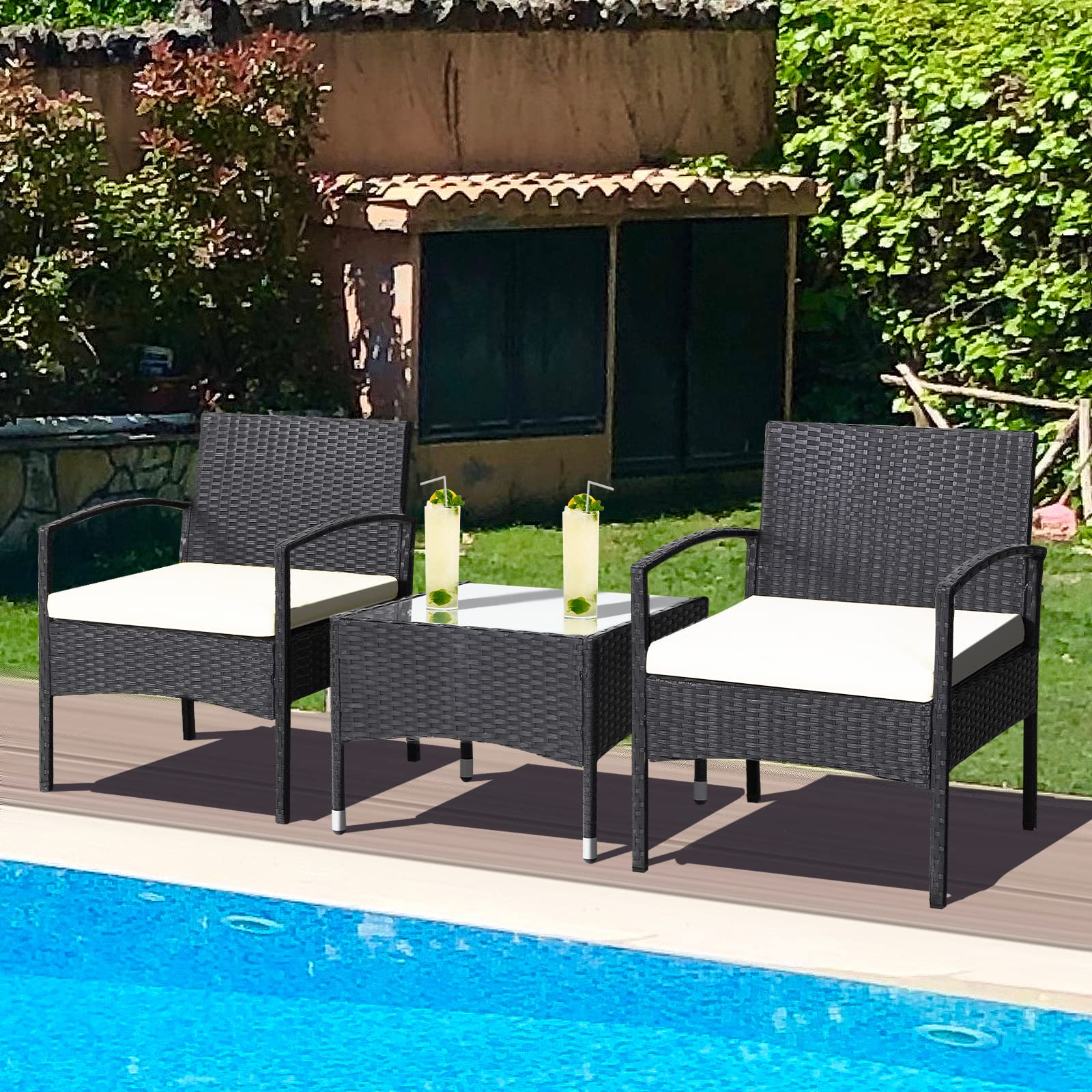 RELAX4LIFE 3-Piece Outdoor Patio Furniture Set - Beige Rattan Wicker Bistro Set with 2 Chairs & Glass Coffee Table, Durable Steel Frame for Garden, Balcony, Porch | Perfect for Backyard Relaxation & Entertaining Guests