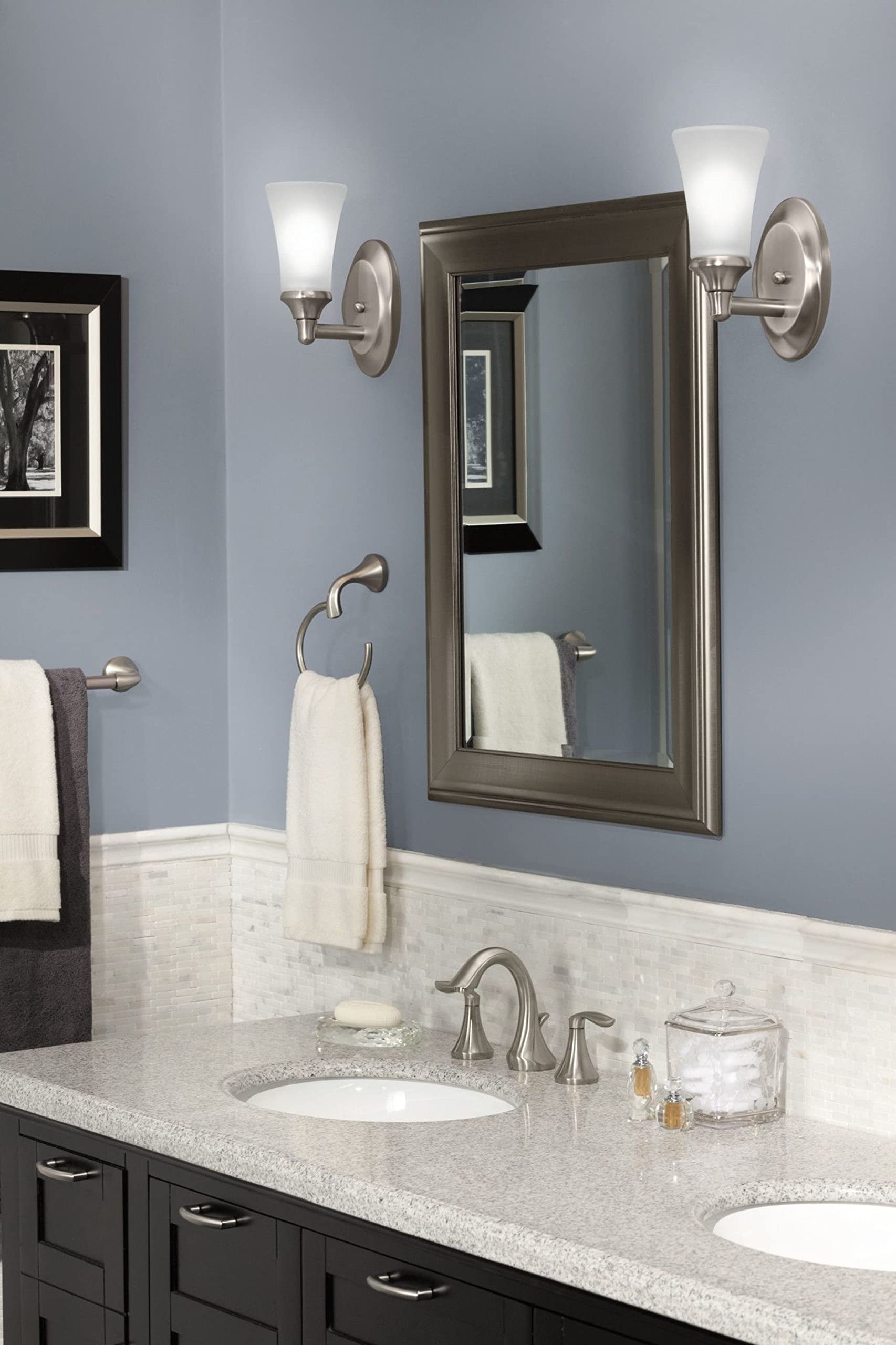 Moen YB2861BN Eva 1-Light Brushed Nickel Bathroom Vanity Light Fixture with Frosted Glass - Perfect for Modern Bathrooms, Powder Rooms & Spa-Style Decor