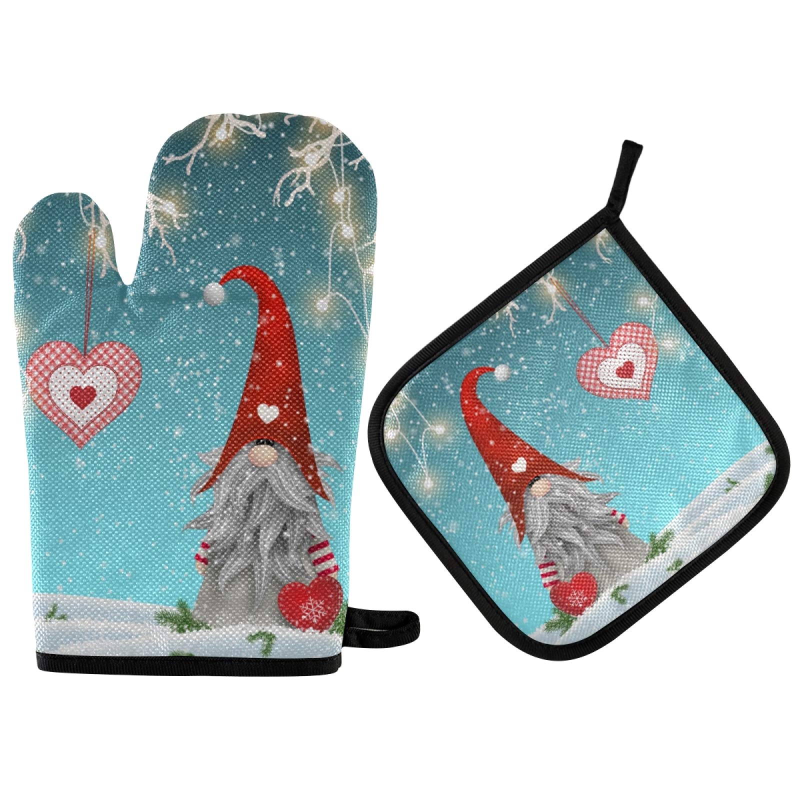 Christmas Winter Gnome Oven Mitts & Pot Holders Set - 2pcs Heat Resistant Non-Slip Kitchen Potholders for Cooking, Baking, BBQ - Perfect Xmas & Valentine's Day Gifts (Red Heart Design) - Ideal for Holiday Baking, Home Decor & Cozy Kitchen Use