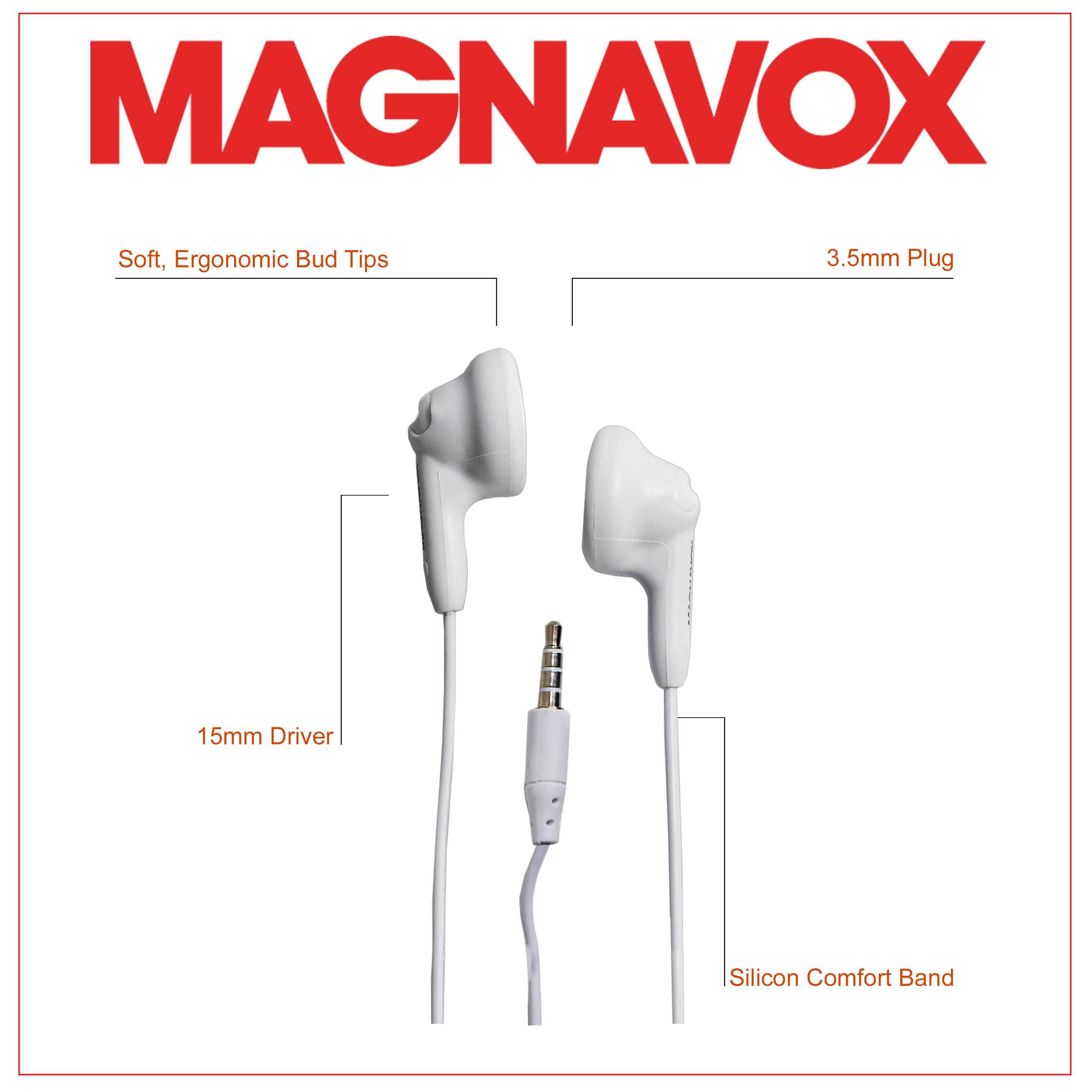 Magnavox MHP4820-WH Wireless Gummy Earbuds in White - Comfortable Stereo Earphones with Durable Rubberized Cable (Also Available in Pink, Black, Blue & Teal) - Perfect for Gym, Running, Travel & Daily Use