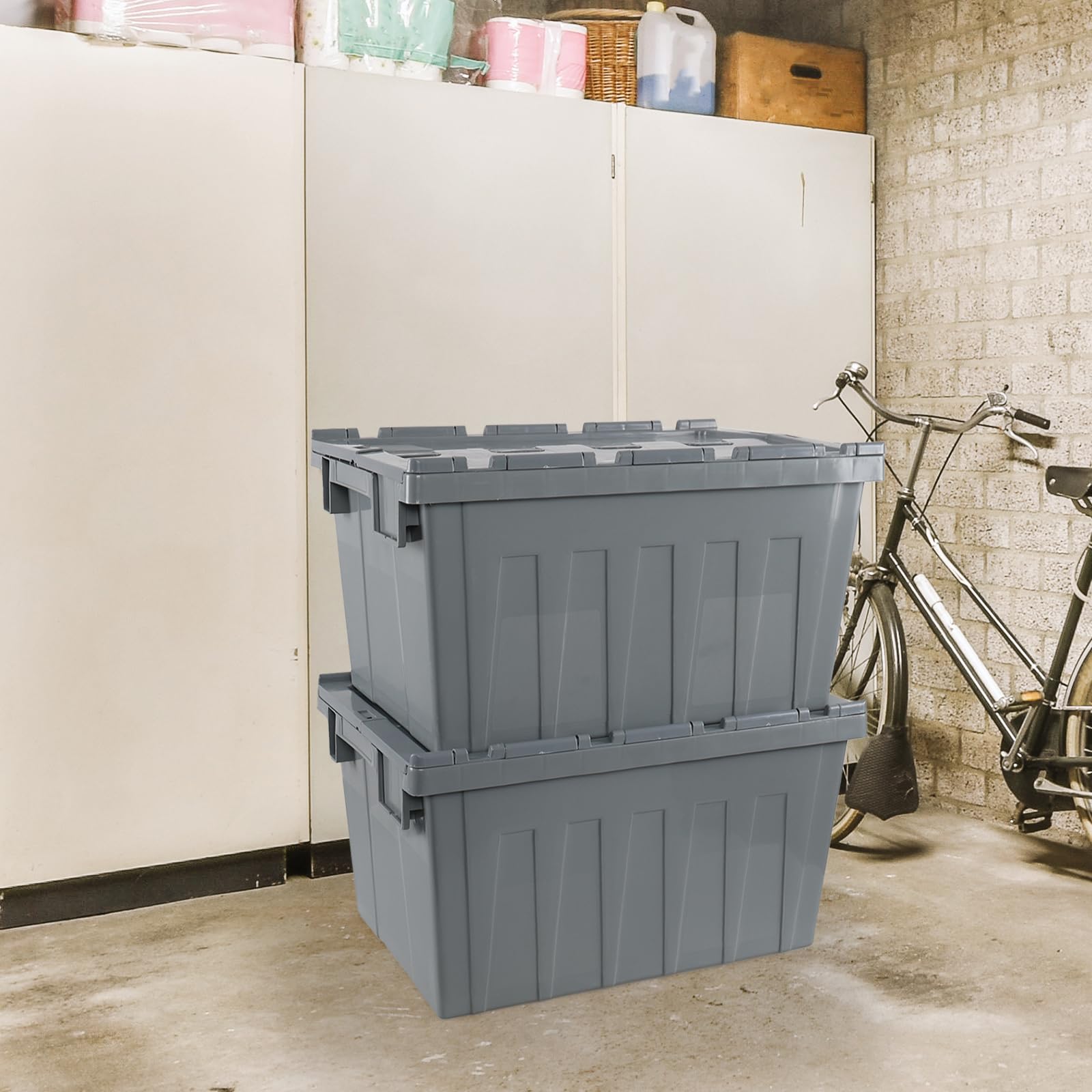 15 Gallon Heavy-Duty Storage Container with Hinged Lid - Industrial Plastic Storage Tote Bin (4-Pack) - Perfect for Warehouse, Garage Organization & Bulk Item Storage