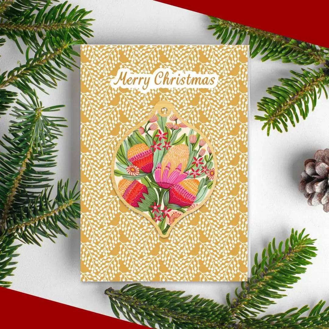 Premium Protea & Gum Flowers Australian Christmas Card & Bauble Set - Perfect for Holiday Greetings, Tree Decorations & Festive Gift Giving