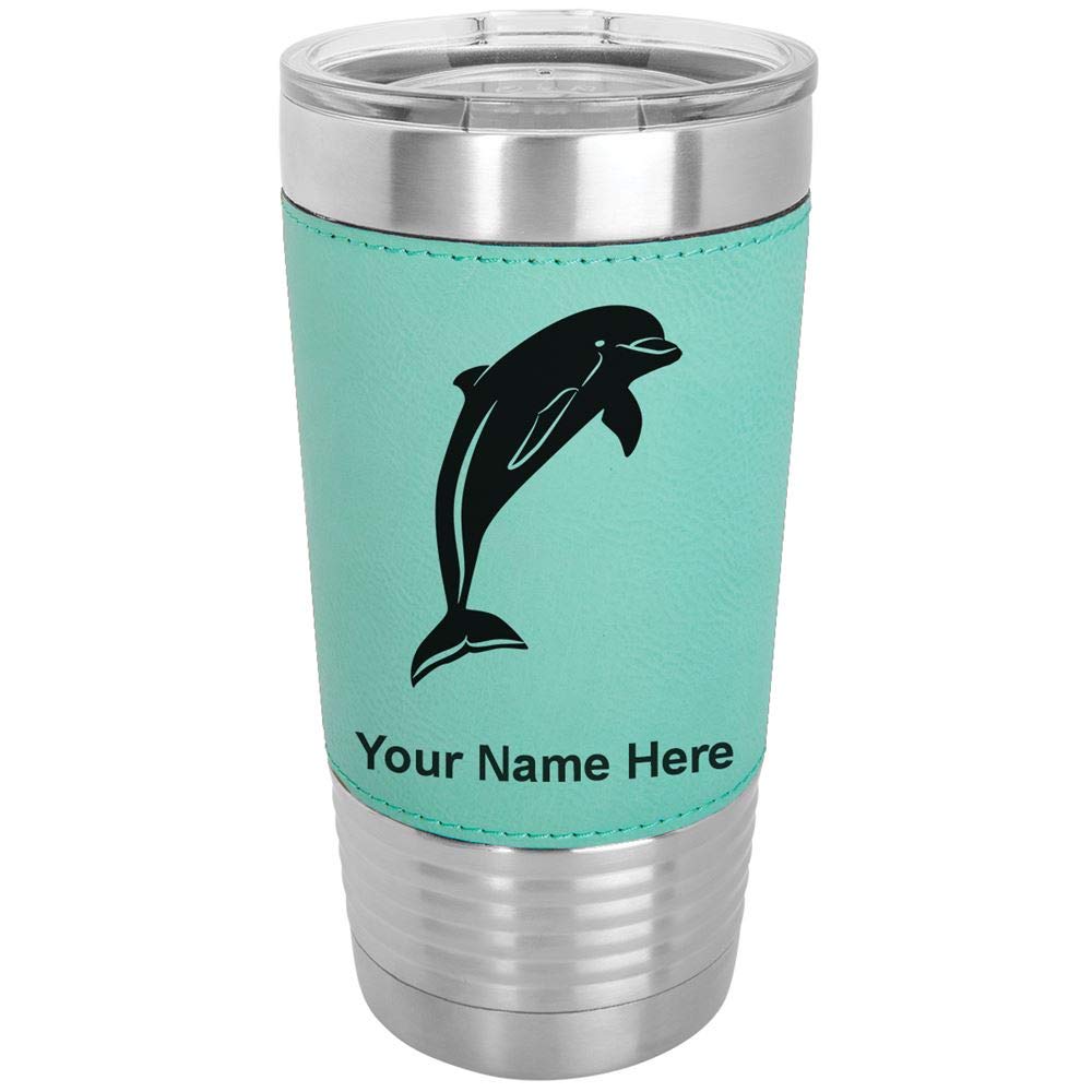 LaserGram 20oz Vacuum Insulated Stainless Steel Tumbler Mug with Personalized Engraving - Leakproof Travel Coffee Cup with Faux Leather Handle, Teal Dolphin Design - Perfect for Office, Gym, Hiking & Outdoor Activities