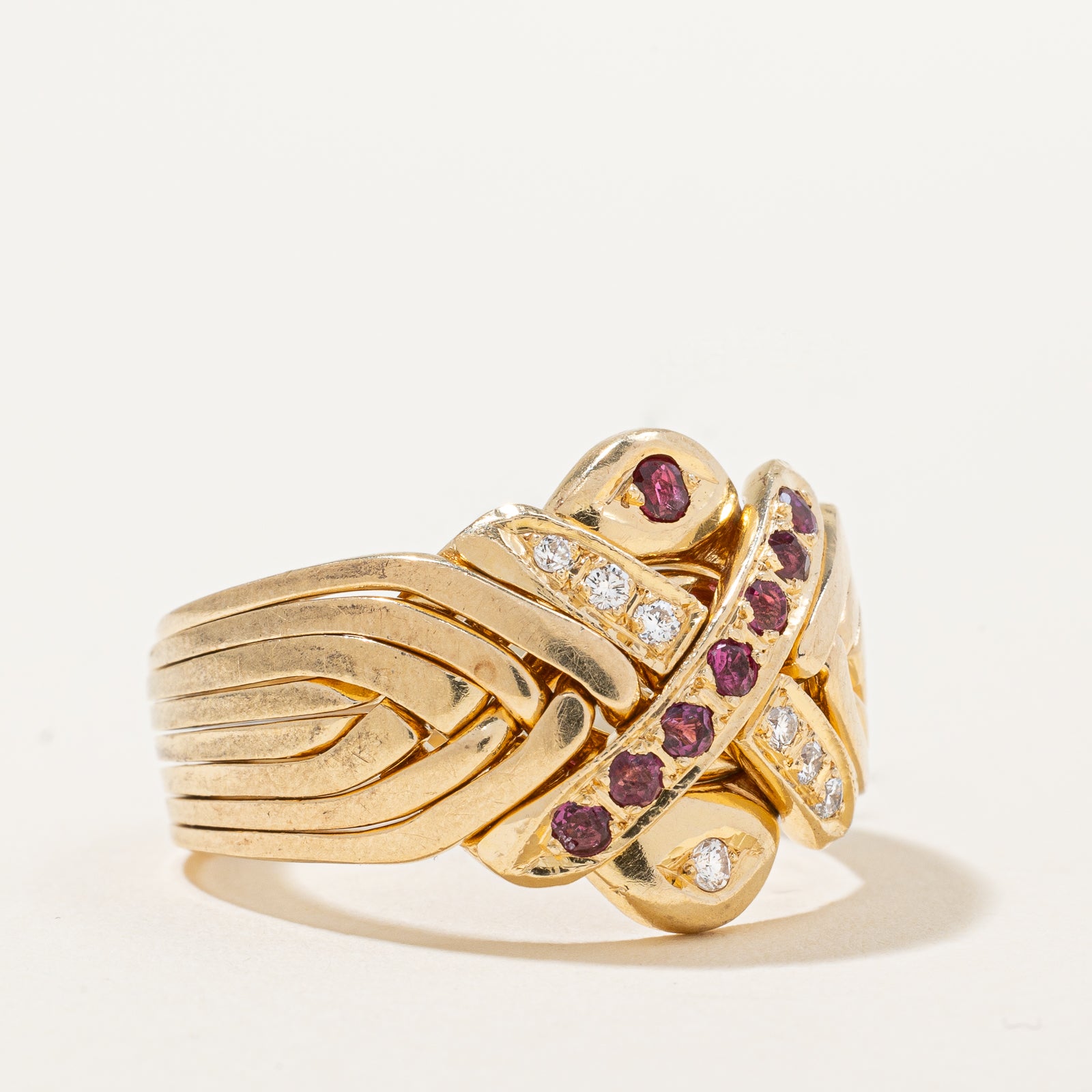 Exquisite Ruby & Diamond Puzzle Ring - 0.25ctw Gemstones with 0.09ctw Diamonds - Size 9.75 - Elegant Jewelry for Women - Perfect for Anniversaries, Engagements & Special Occasions