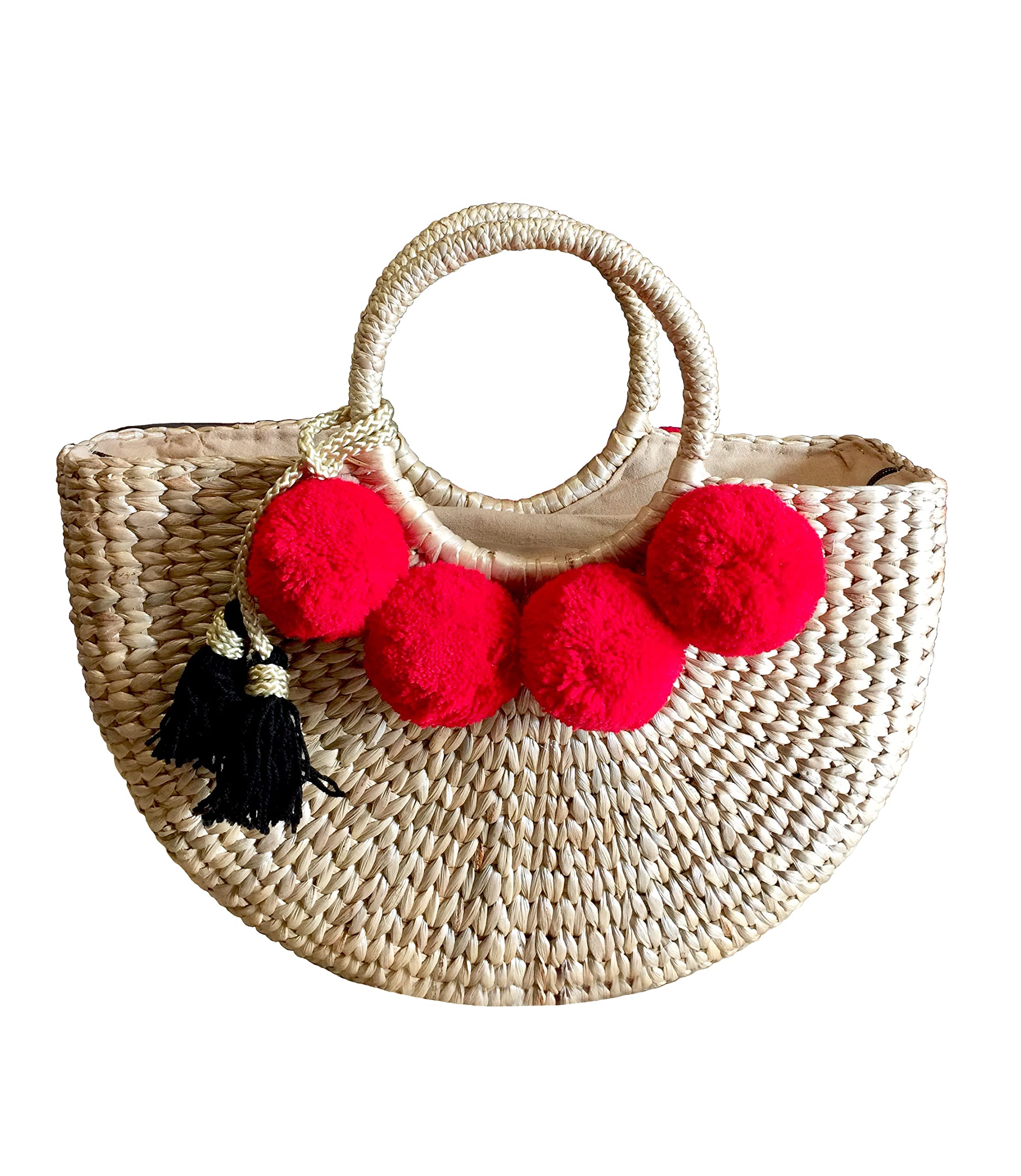 Stylish Pom Pom Straw Tote Bag for Women - Perfect Beach Basket Bag, Summer Straw Handbag for Outings, Picnics & Vacation Essentials