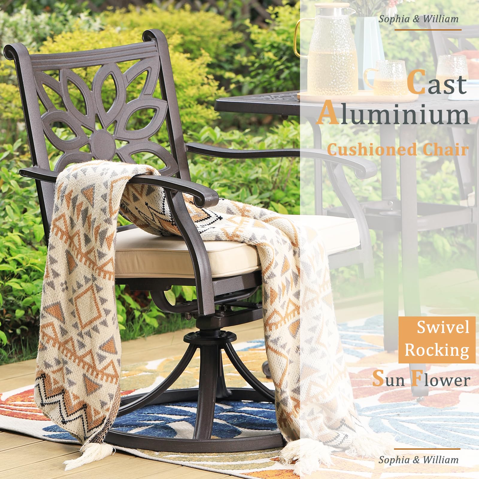 Sophia & William 2-Piece Brown Cast Aluminum Swivel Rocker Patio Dining Chairs Set - 350 lbs Weight Capacity - Outdoor Furniture for Garden, Deck, Poolside & Backyard Dining