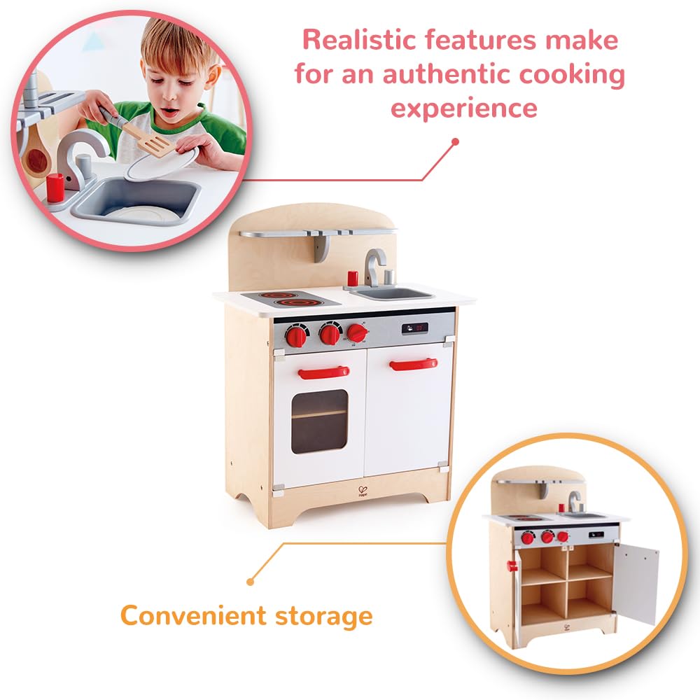 Hape Gourmet Kitchen Toy - Fully Equipped Wooden Pretend Play Kitchen Set with Sink, Stove, Oven, Storage Cabinet & Spice Rack - Perfect for Kids Role Play & Early Learning (Red)