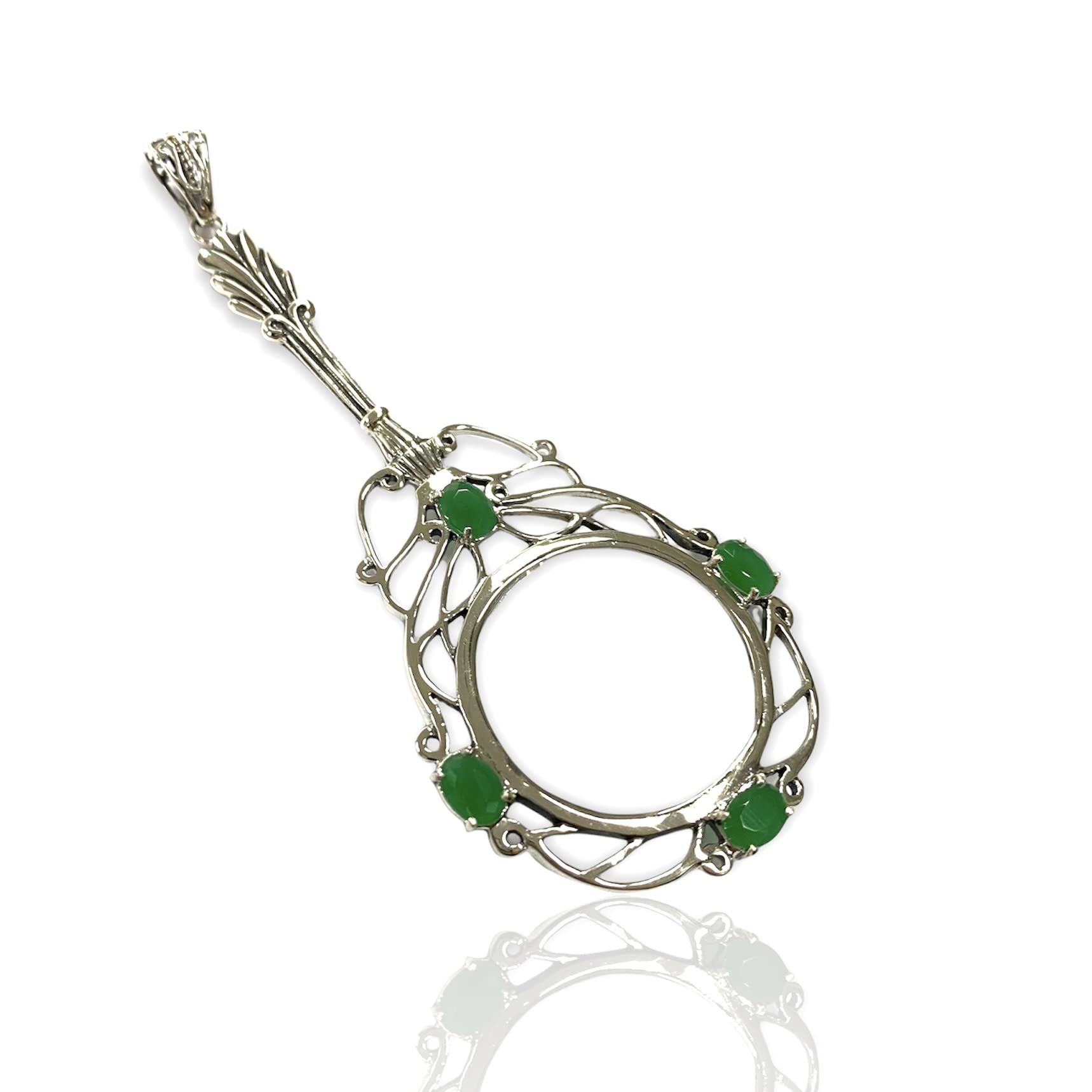 Victorian Style Emerald Green Magnifying Glass Pendant - 925 Sterling Silver Jewelry for Reading, Hobbies & Antique Collecting