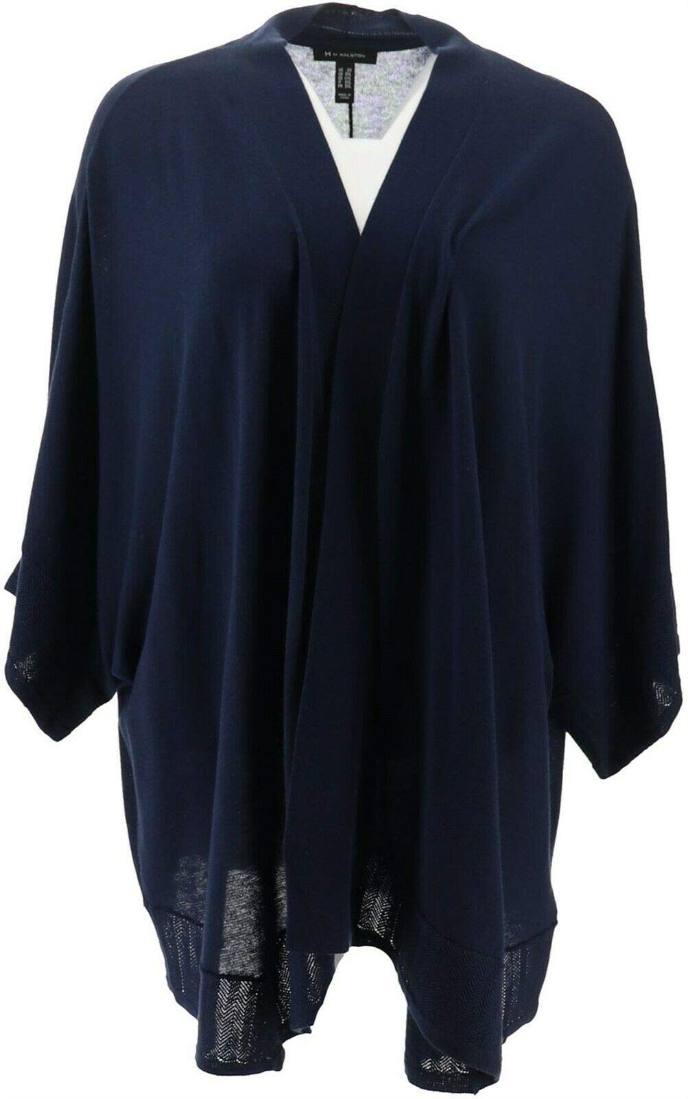 H Halston Open Front Angly Hem Crochet Kimono Cardigan - Navy Blue Size M - Boho Chic Beach Cover Up, Summer Evening Wrap, Resort Wear