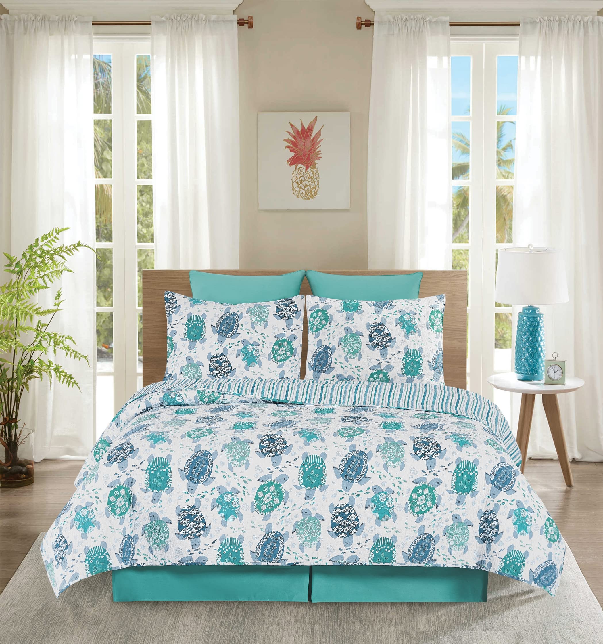 C&F Home Turtle Bay Full/Queen 3-Piece Reversible Quilt Set with 2 Standard Shams - Coastal Beach Style in White, Blue & Teal - Stripes Reverse Design - Perfect for Guest Rooms, Beach Houses & Coastal-Themed Bedrooms