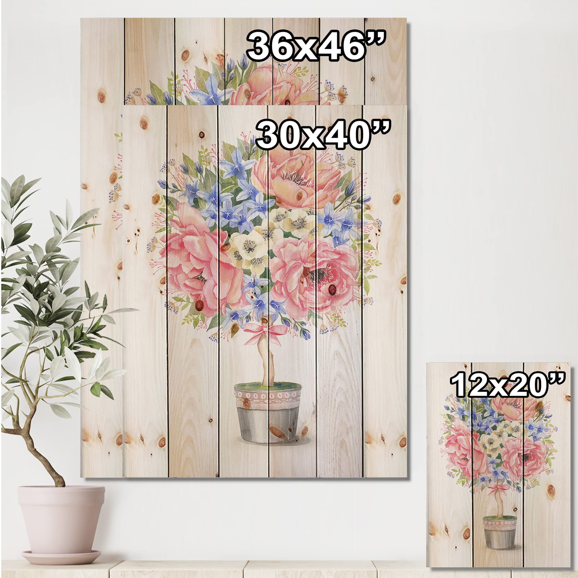 Farmhouse Floral Wood Wall Decor - Pink Flower Tree in Pot with Bow, Large Pine Wood Wall Art Panel for Living Room, Bedroom, Kitchen, and Home Decor