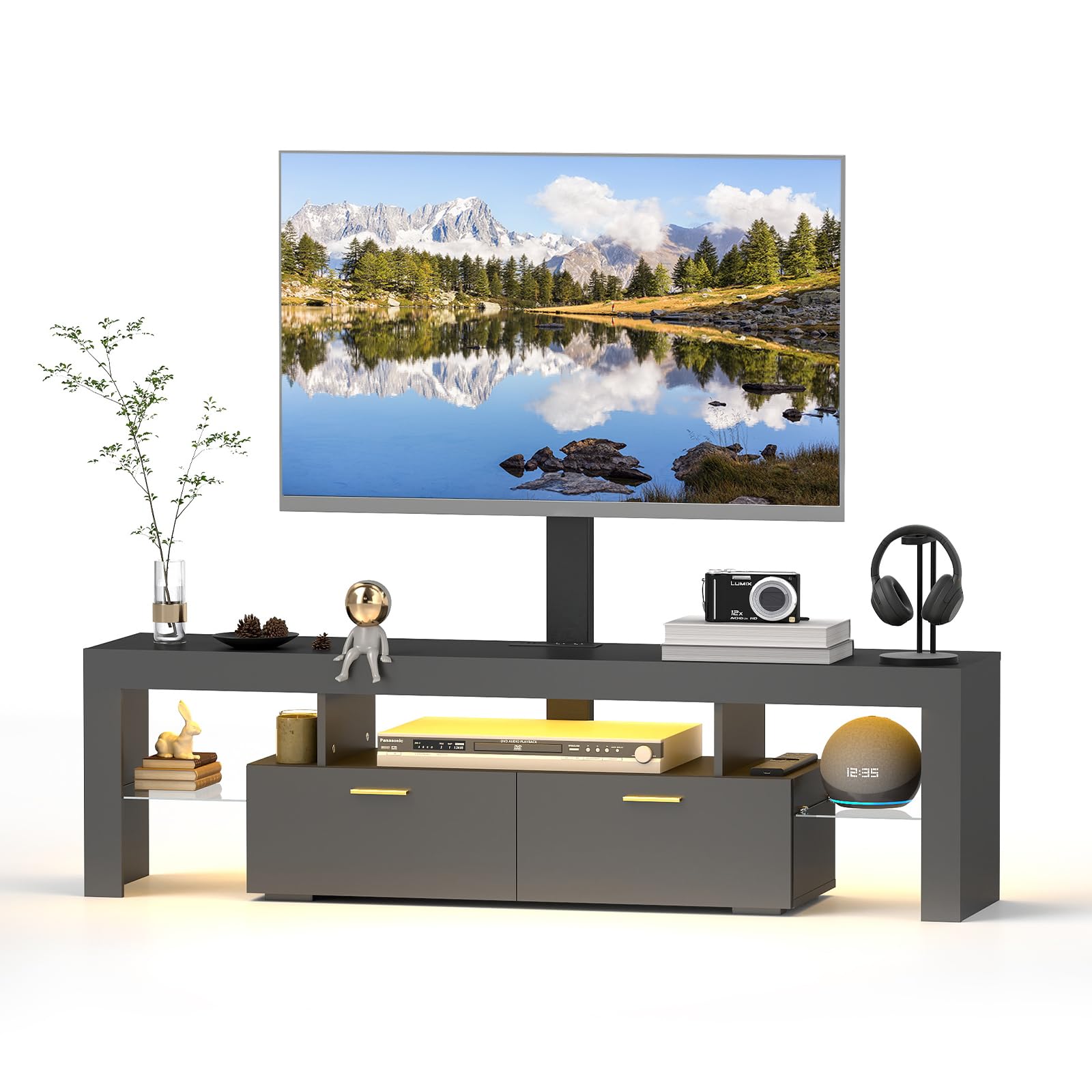 Modern TV Stand with Mount - TV Console with 2 AC Outlets & RGB LED Lights for 80 Inch TVs - Double Cabinet Storage - 40° Adjustable TV Mount - Pure Black - Perfect for Living Room, Bedroom & Home Theater Setup