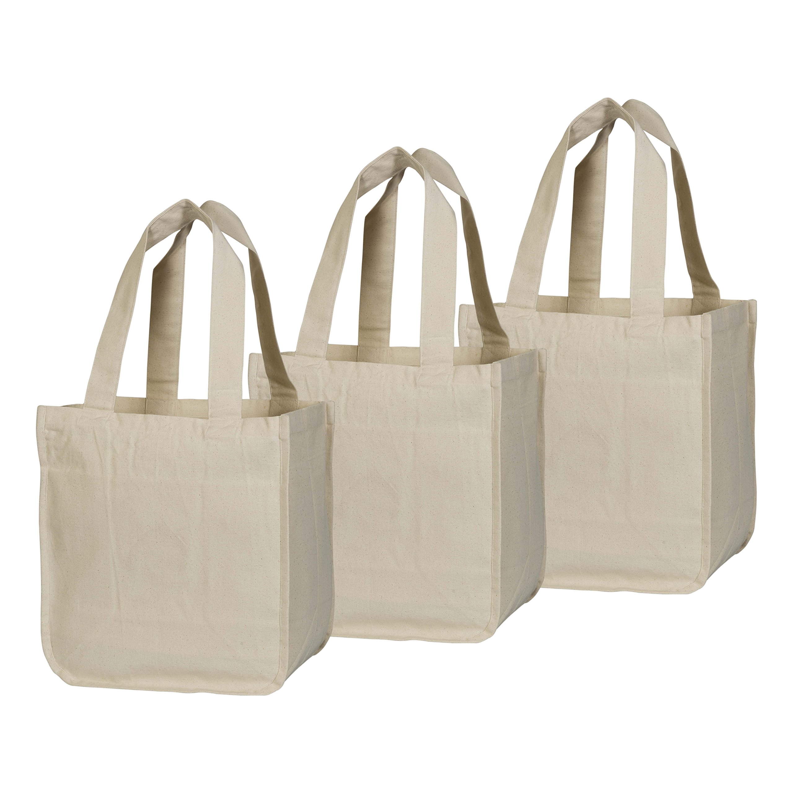 Best Reusable Canvas Grocery Shopping Tote Bags with Handles - Eco-Friendly Organic Cotton Washable Cloth Totes (Set of 3) - Perfect for Farmers Markets, Grocery Shopping & Beach Trips