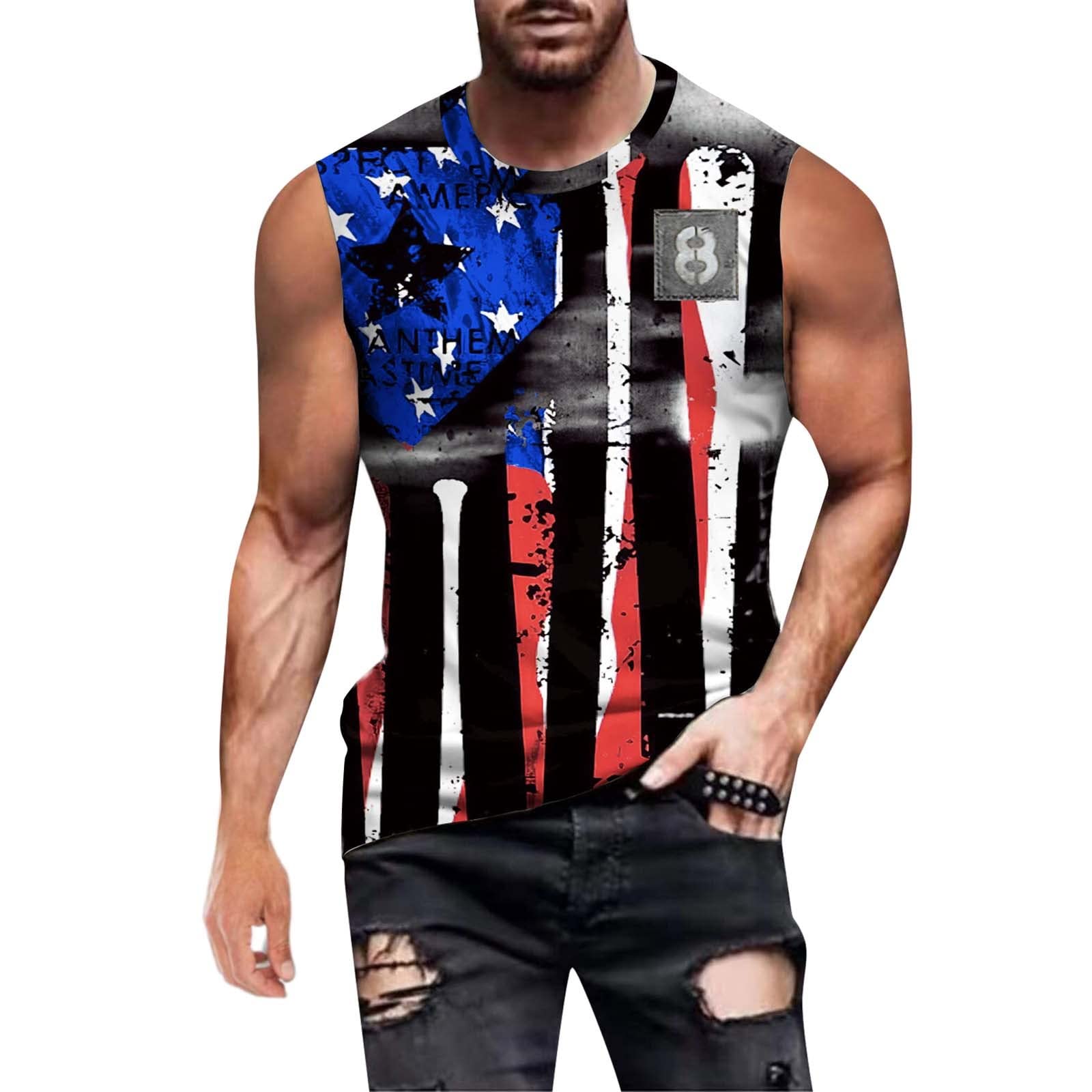 XXBR Men's Patriotic American Flag Print Sleeveless Tank Top - Vintage Military Style Muscle Shirt for Gym, Workout & Streetwear Fashion | Perfect for 4th of July, Veterans Day & Patriotic Events