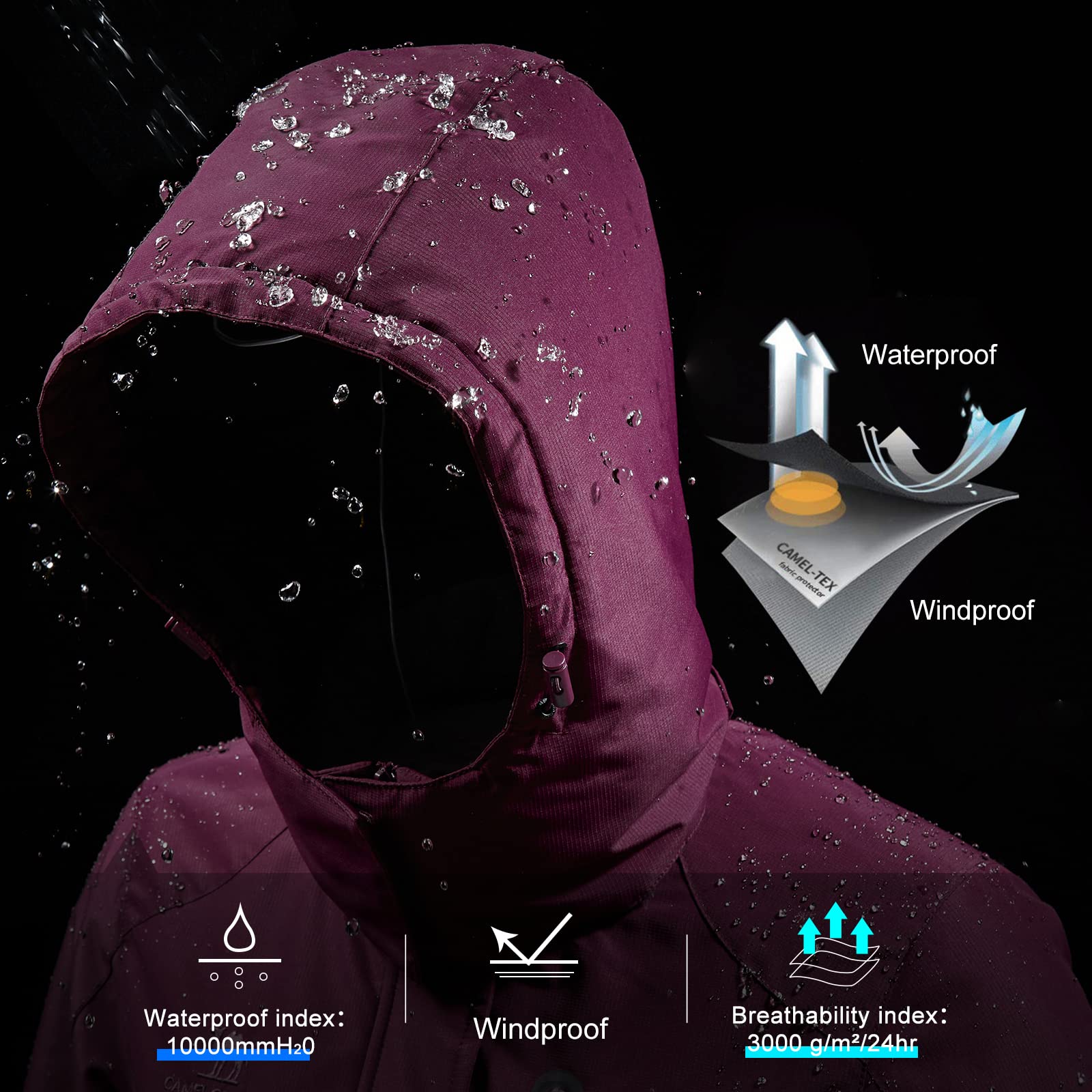 CAMEL Women's Waterproof Ski Jacket - Windproof Winter Snow Coat with Detachable Hood for Skiing, Snowboarding & Outdoor Activities
