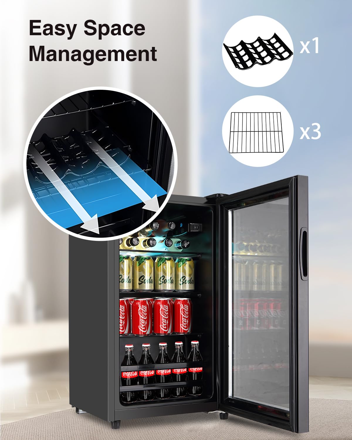 FLB-60 120 Can Freestanding Beverage Cooler Refrigerator with Glass Door - Compact Drink Dispenser for Office, Bar, Home - Adjustable Removable Shelves, Black - Perfect for Parties, BBQs and Entertaining Guests