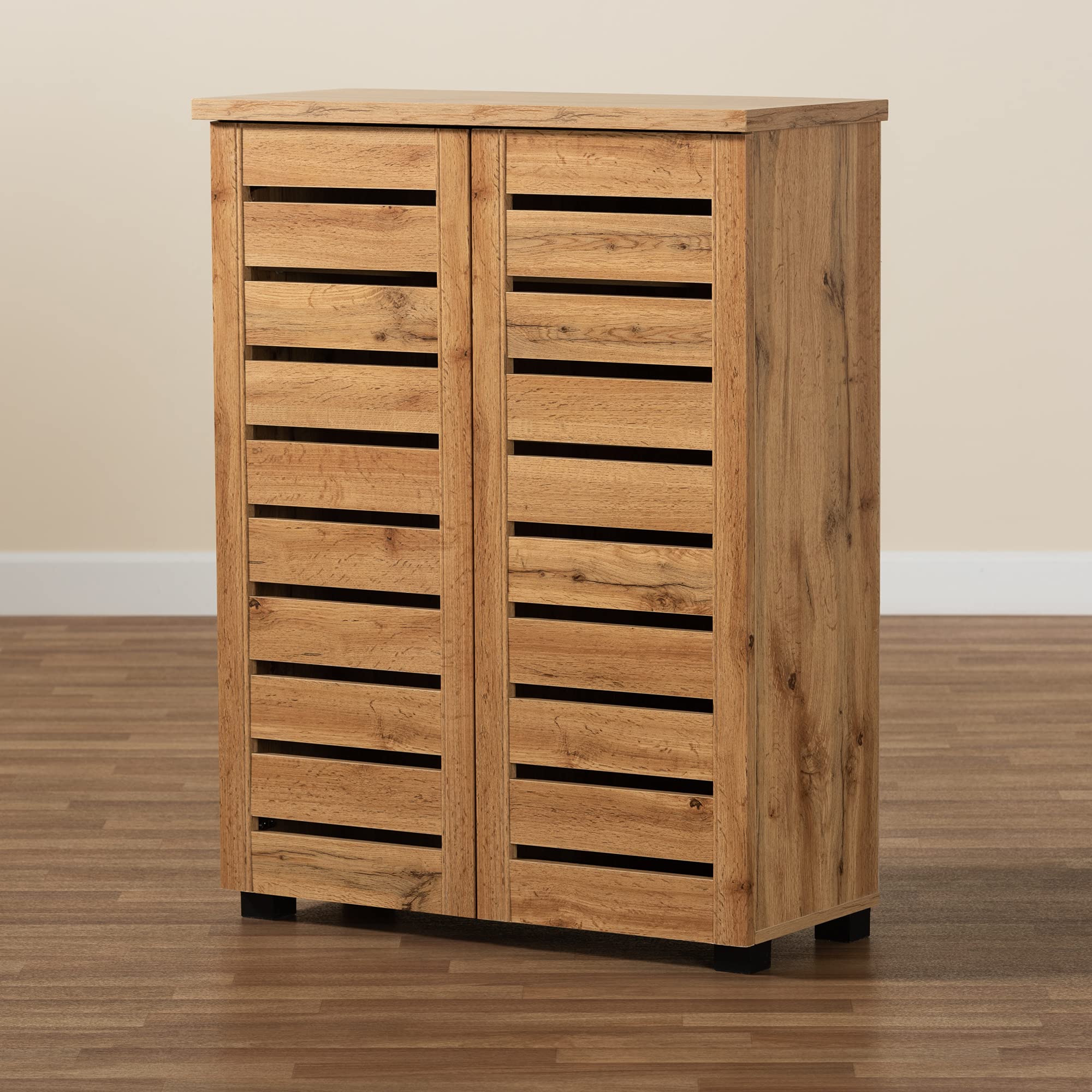 Baxton Studio Adalwin Modern Shoe Cabinet - 2-Door Oak Storage Organizer with Brown Finish | Perfect for Entryway, Closet & Bedroom Shoe Organization