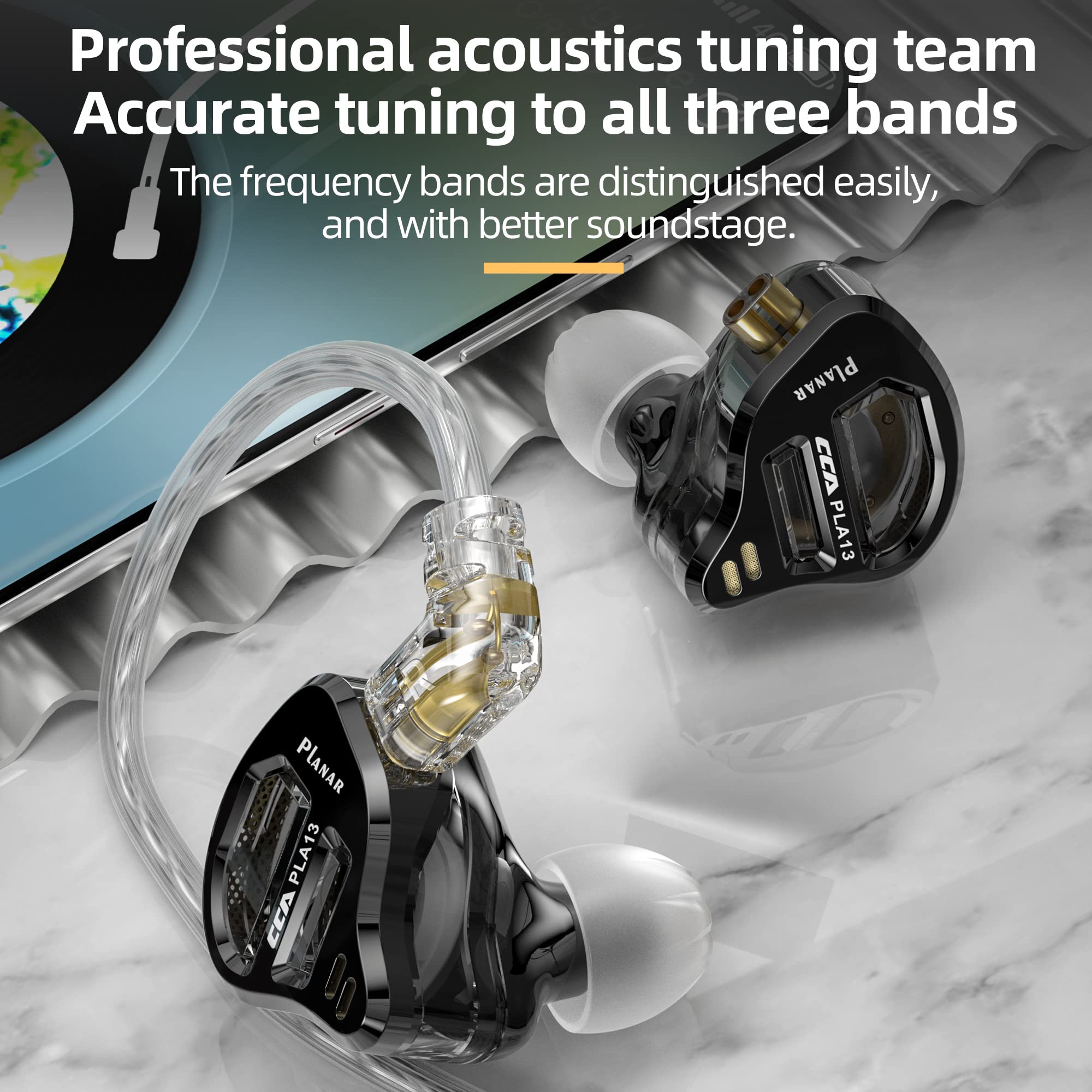 CCA PLA13 Planar Driver In-Ear Headphones - HiFi Wired Earbuds with Deep Bass for Audiophiles, Noise Isolating IEM Earphones (Black, No Mic) - Perfect for Music Lovers, Studio Monitoring & Gaming