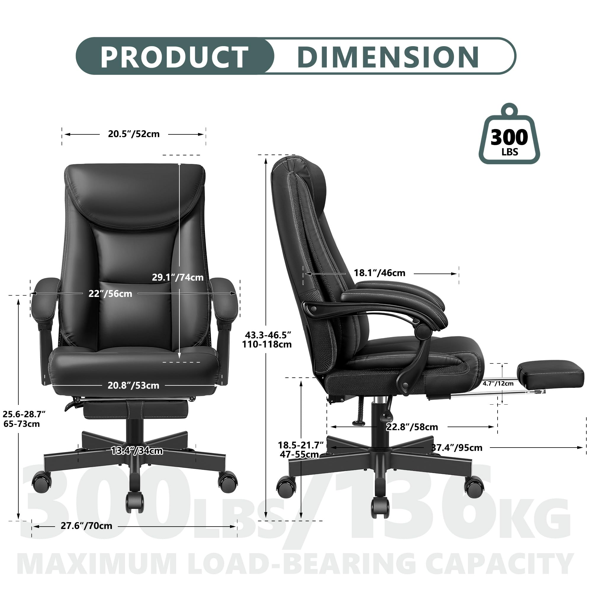 Premium Ergonomic Office Chair for Big & Tall - High Back Executive Leather Desk Chair with Lumbar Support, Swivel & Wheels - Perfect for Home Office, Gaming & Workspaces (Black)